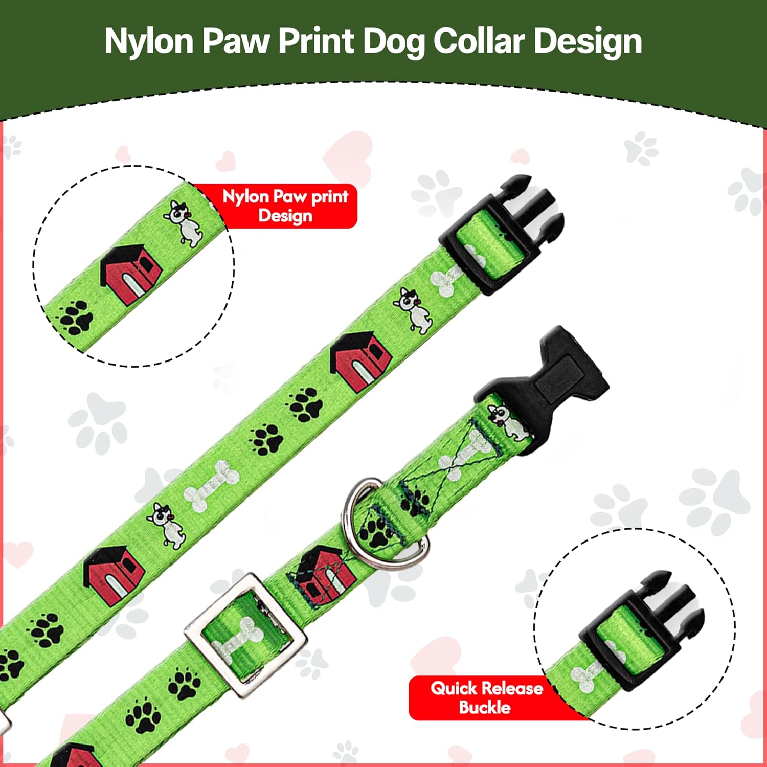 Adil’S Nylon Paw Print Dog Collar with Adjustable Quick Release Buckle & D-Ring for Leashes, 0.75in Width, Suitable for Small to Large Dogs, Size: XS, Green