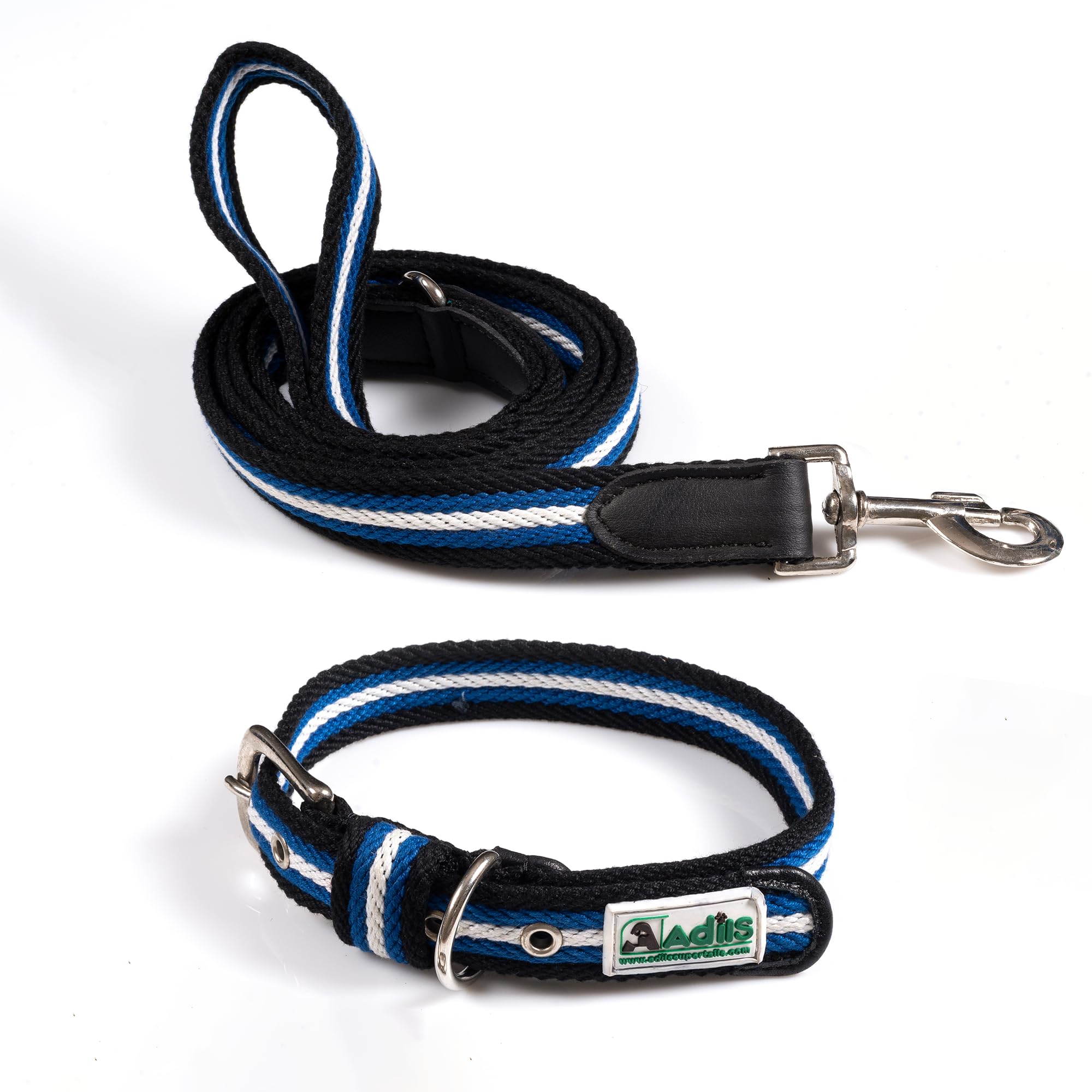Adil’s Multi Color Cotton Dog Collar & Leash Combo Set | Durable High-Density Cotton with Metal Buckle, Adjustable Holes & 5 Ft Leash for Small, Medium & Large Dogs (Grey White Blue, XL)