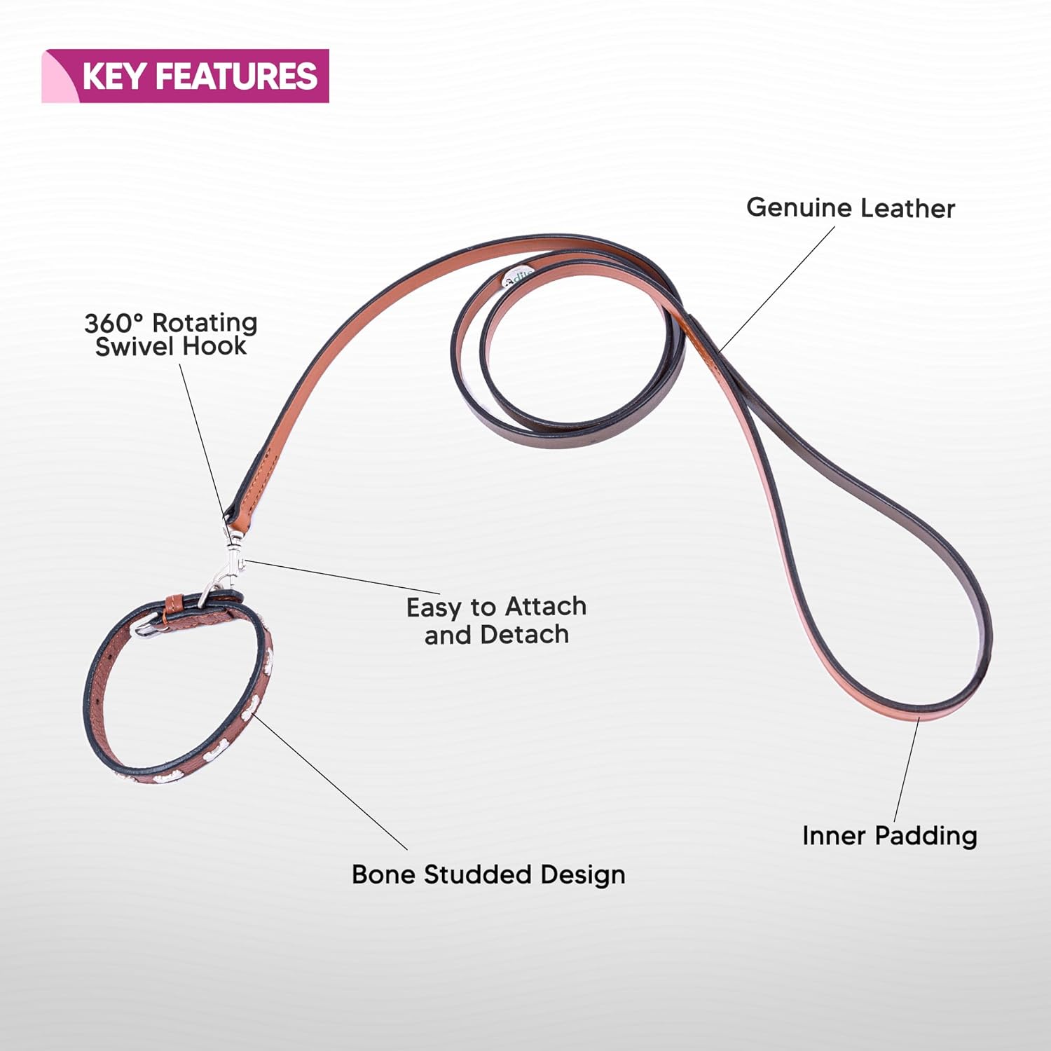 Adil’S Leather Cat Collar & Leash Set - Stylish Six Bone Studded Design Collar, Genuine Leather, Adjustable Buckle & Secure 5ft Leash for Safe and Comfortable Outdoor Activity (Brown)