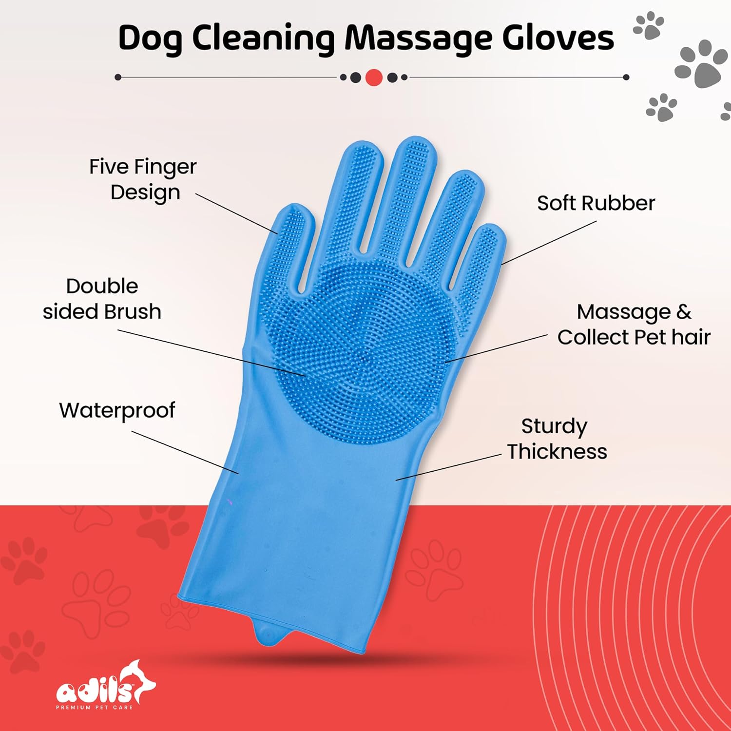 Adil’s Pet Grooming Gloves for Cats & Dogs – Waterproof Bathing, Massage, & Scrubbing Gloves (Pair of 1)