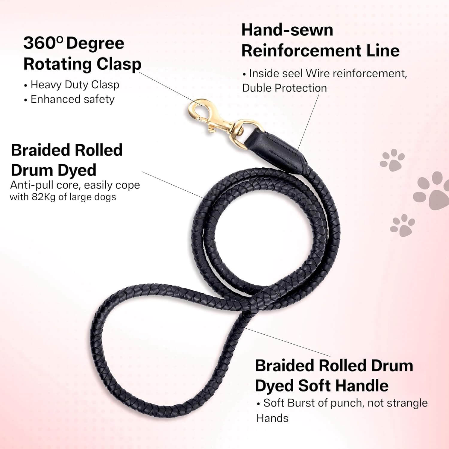 Adil’S Braided Rolled Drum Dyed Leather Dog Leash with 360 Degree Rotating Clasp 5 FT Long, Non-Slip Grip Handle, Suitable for Large & Medium Dogs