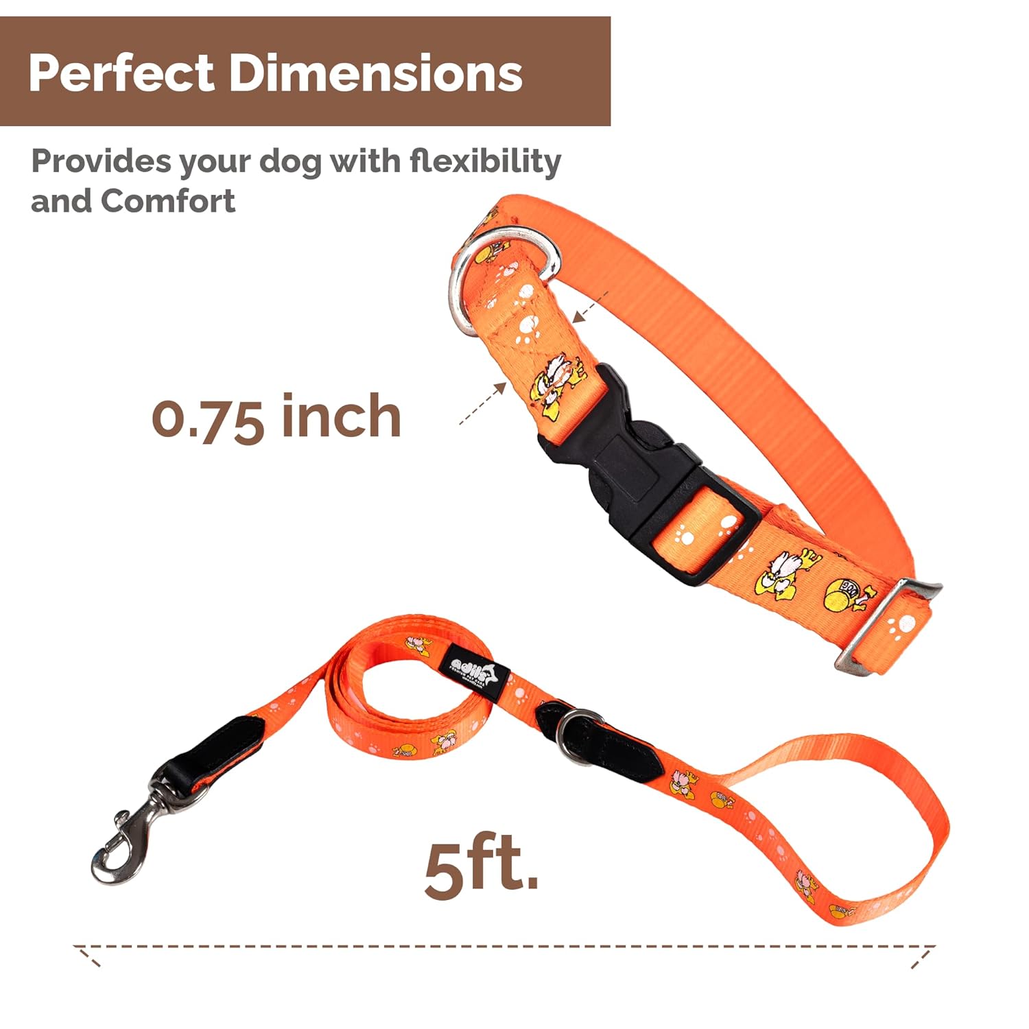 Adil's Nylon Paw Print Dog Collar & Leash Combo Set Quick Release Buckle 360° Swivel Hook Leather Accents 0.75 Inch Collar 5Ft Lead Walking Training for Small Medium Pets