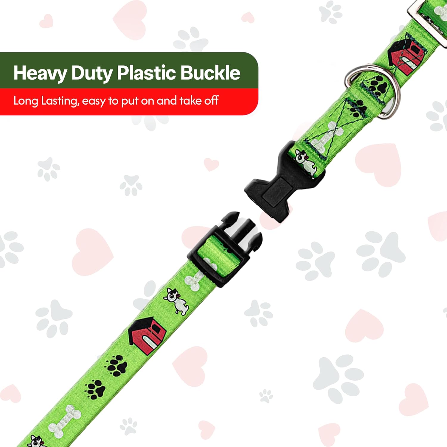 Adil’S Nylon Paw Print Dog Collar with Adjustable Quick Release Buckle & D-Ring for Leashes, 0.75in Width, Suitable for Small to Large Dogs, Size: XS, Green
