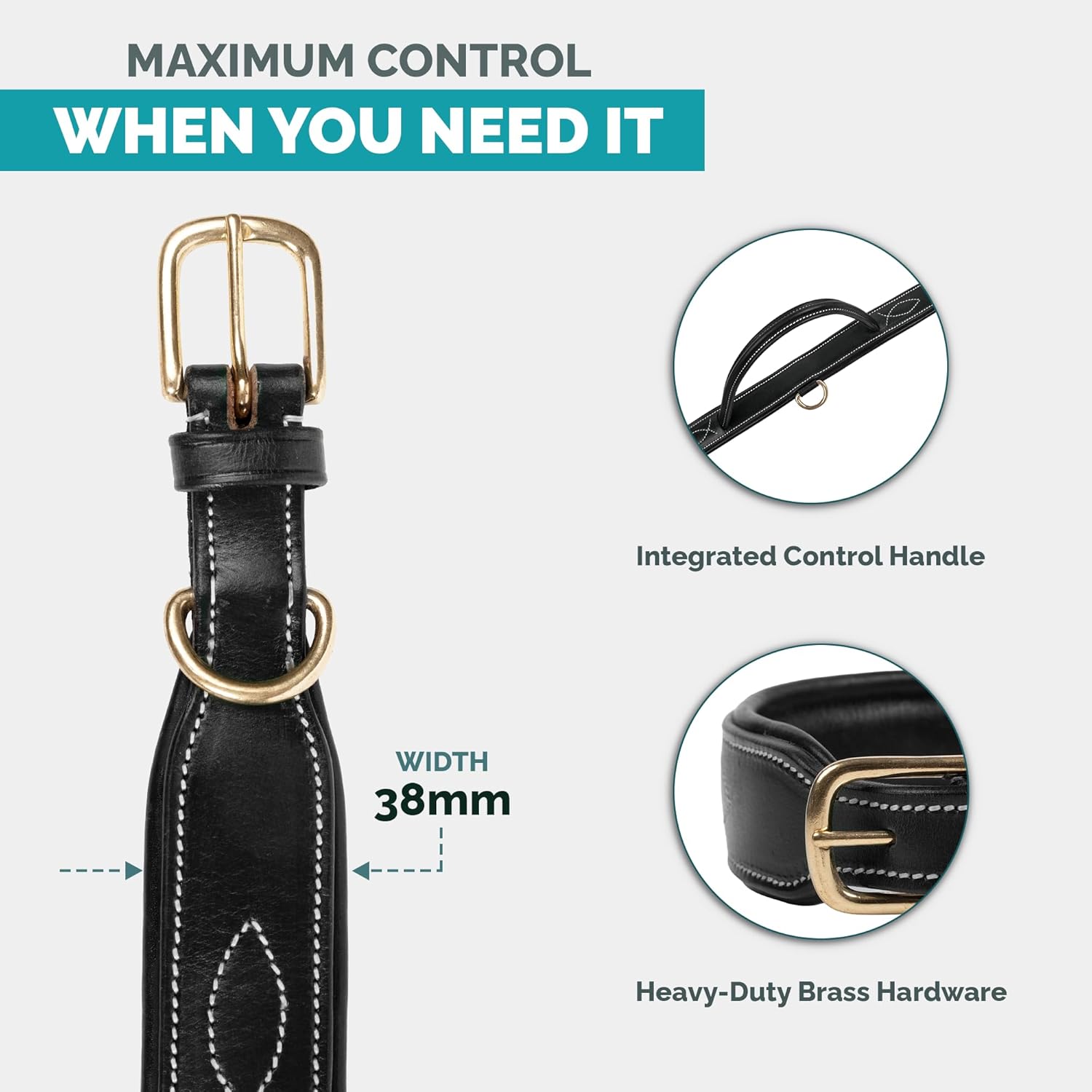 Adil's Softy Leather Dog Collar with Control Handle 1.5 inch Wide Built-in Quick Grab Leather Pull Strap, Heavy Duty Dual D-Ring Neckbelt for Medium & Large Dogs (Black, S)