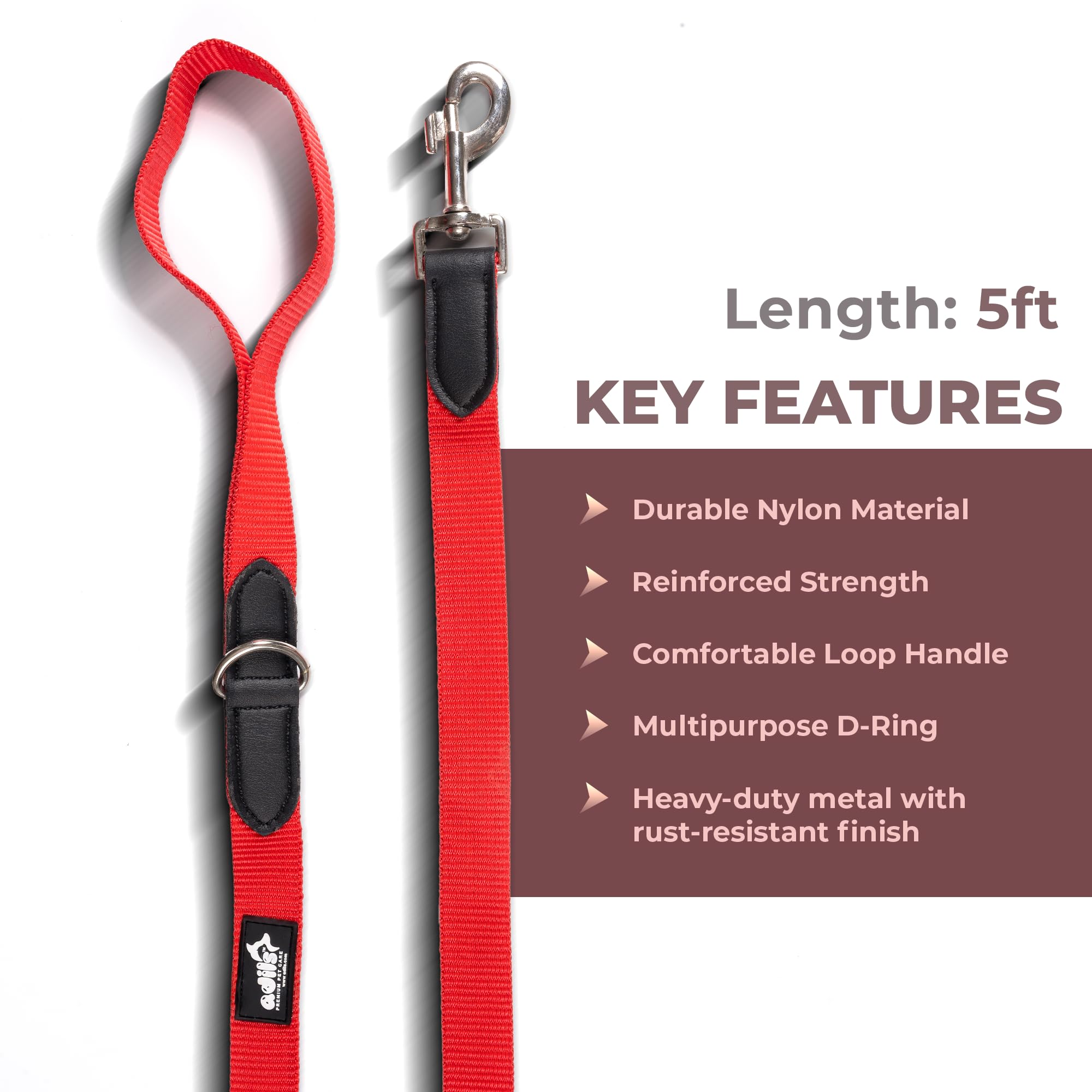Adil’s 5FT Adjustable Nylon Dog Leash with Soft Leather Handle – Durable Long Lead with 360° Swivel Hook – Strong, Tangle-Free Leash for Walking & Training Small, Medium & Large Dogs