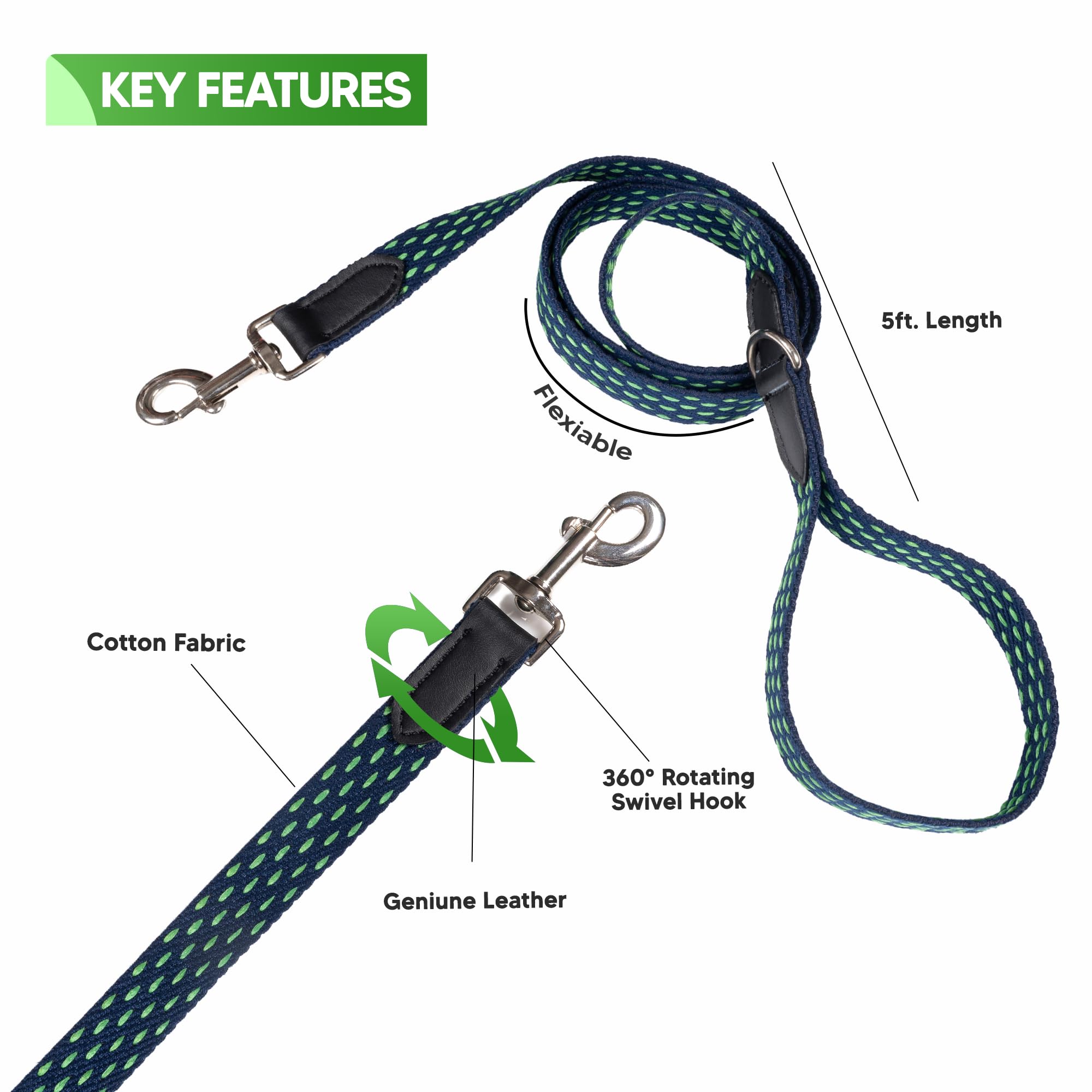 Adil’s 5ft Cotton Dotted Dog Leash with Leather Grip & 360° Swivel Hook – Durable, Comfy & Tangle-Free for All Dog Sizes
