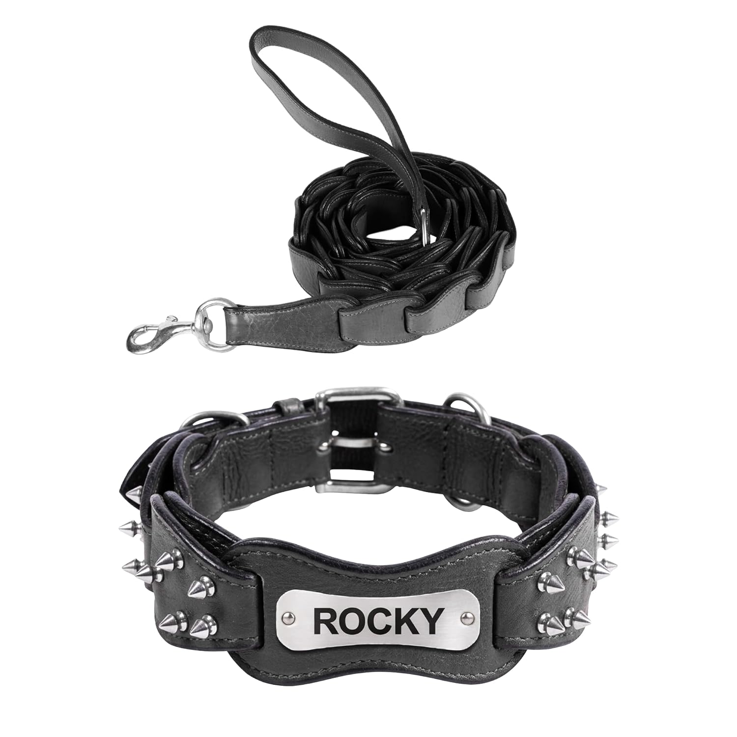 Adil’s Personalized Leather Loop Spike Dog Collar & Leash Combo Set 1.5" Wide Adjustable Neckbelt Metal Buckle D-Ring 5Ft Leather Heavy Duty Loop Cord with 360 Swivel Hook for Training Walking