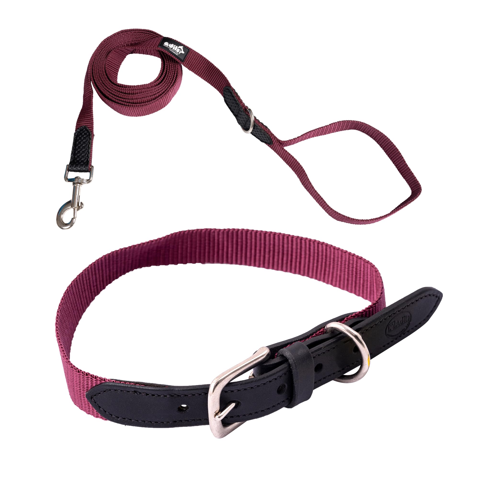 Adil’s Adjustable Plain Nylon with Leather Dog Collar & Leash Combo – Reinforced with Metal Buckle, 360° Swivel Hook, D-Ring & 10ft Leash for Small, Medium & Large Dogs (Purple, Small)