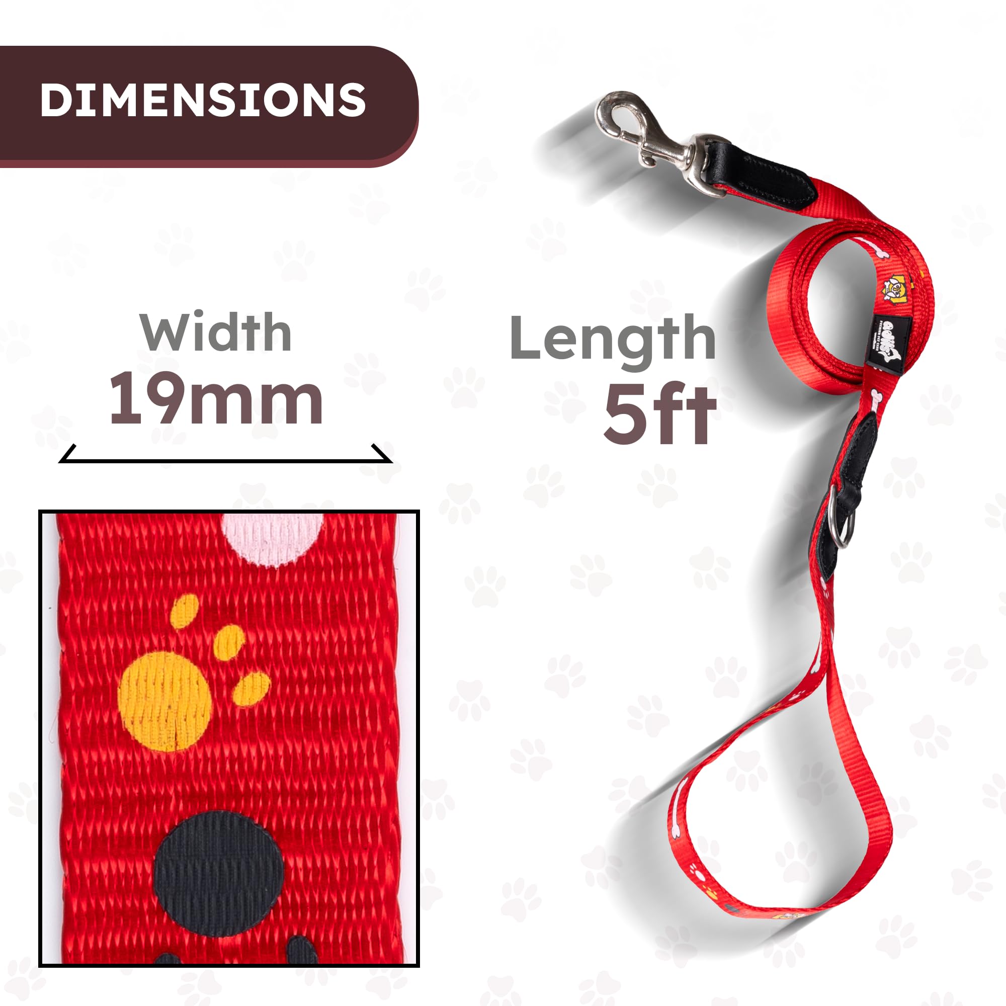 Adil’s Nylon Paw Print Dog Leash – 19mm Wide 5ft Long Durable Lead with 360° Swivel Hook Loop Handle Metal D-Ring Walking Training for Small Medium Pets