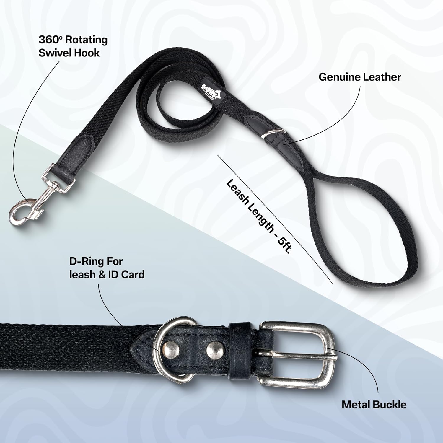 Adil’s Plain Cotton Adjustable Leather Neck Belt Dog Collar & 5FT Leash Combo Set | Durable Cotton-Leather with Metal Buckle for Small, Medium & Large Dogs (Black, M(16''-20''))