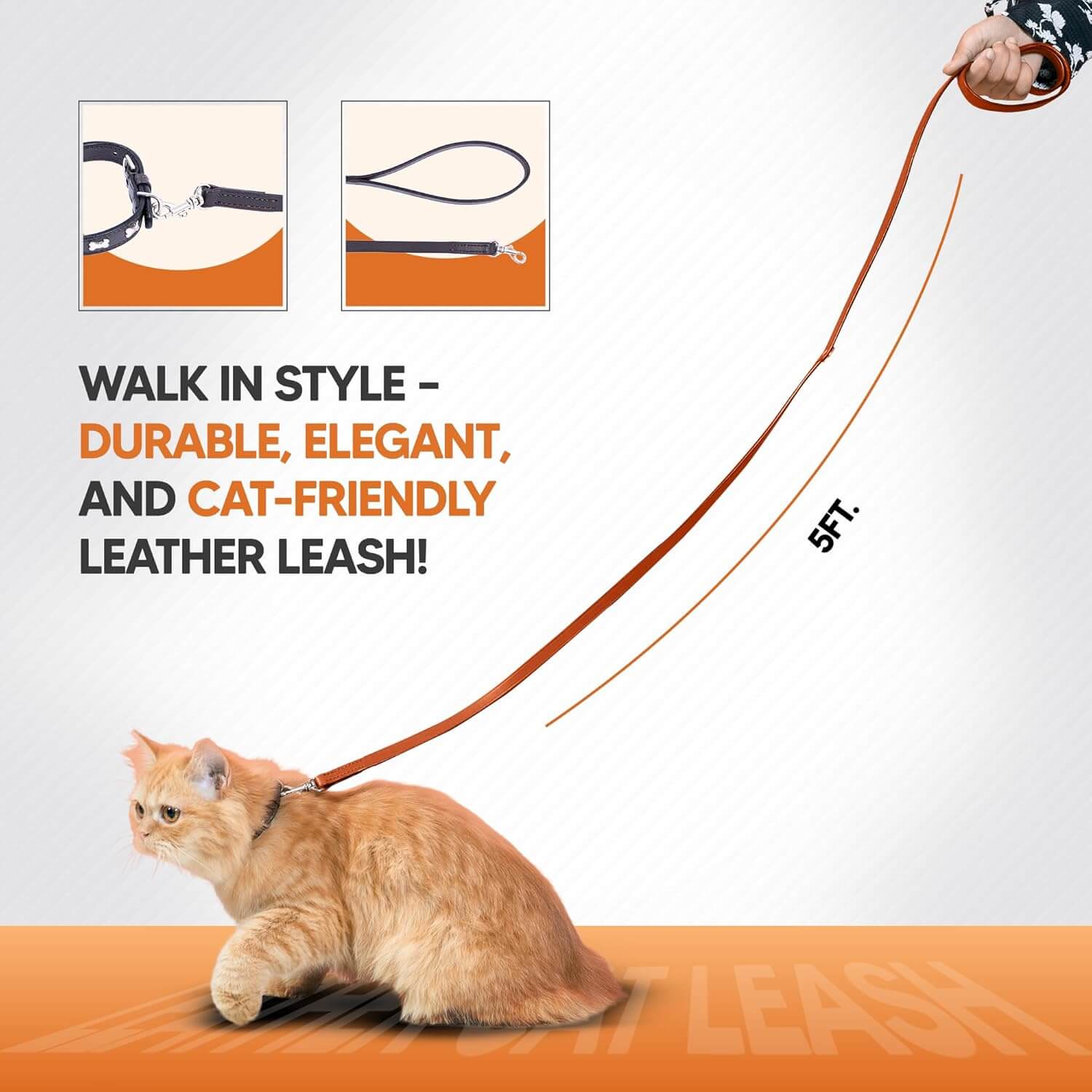 Adil’S Leather Cat Leash – Durable, Stylish & Comfortable Genuine Leather 4ft Long Leash with Secure Trigger Snap Hook for Safe Walks and Outdoor Adventures