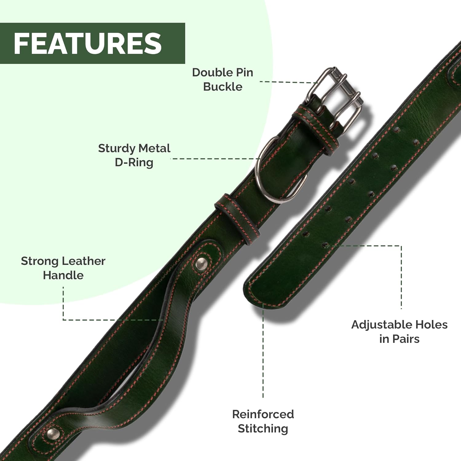 Adil's Leather Dog Collar with Control Handle 1.5 inch Wide Double Pin Buckle Built-in Quick Grab Pull Strap D-Ring for ID Card Training Walking Skin Friendly Neckbelt Medium Large Dogs