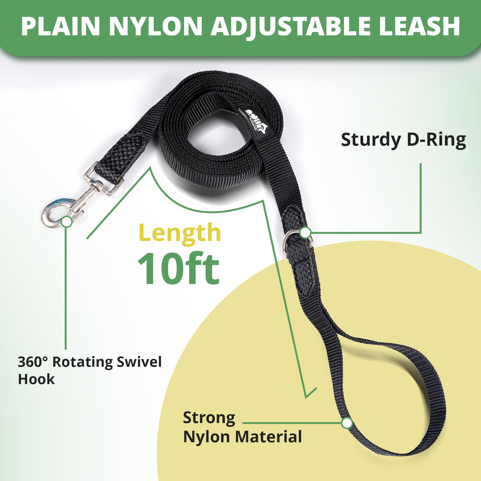 Adil’s 10FT Adjustable Dog Leash Features a Soft Leather Handle, Strong Nylon, and a 360° Swivel Hook—Durable, Comfy, and Ideal for Small to Large Dogs.