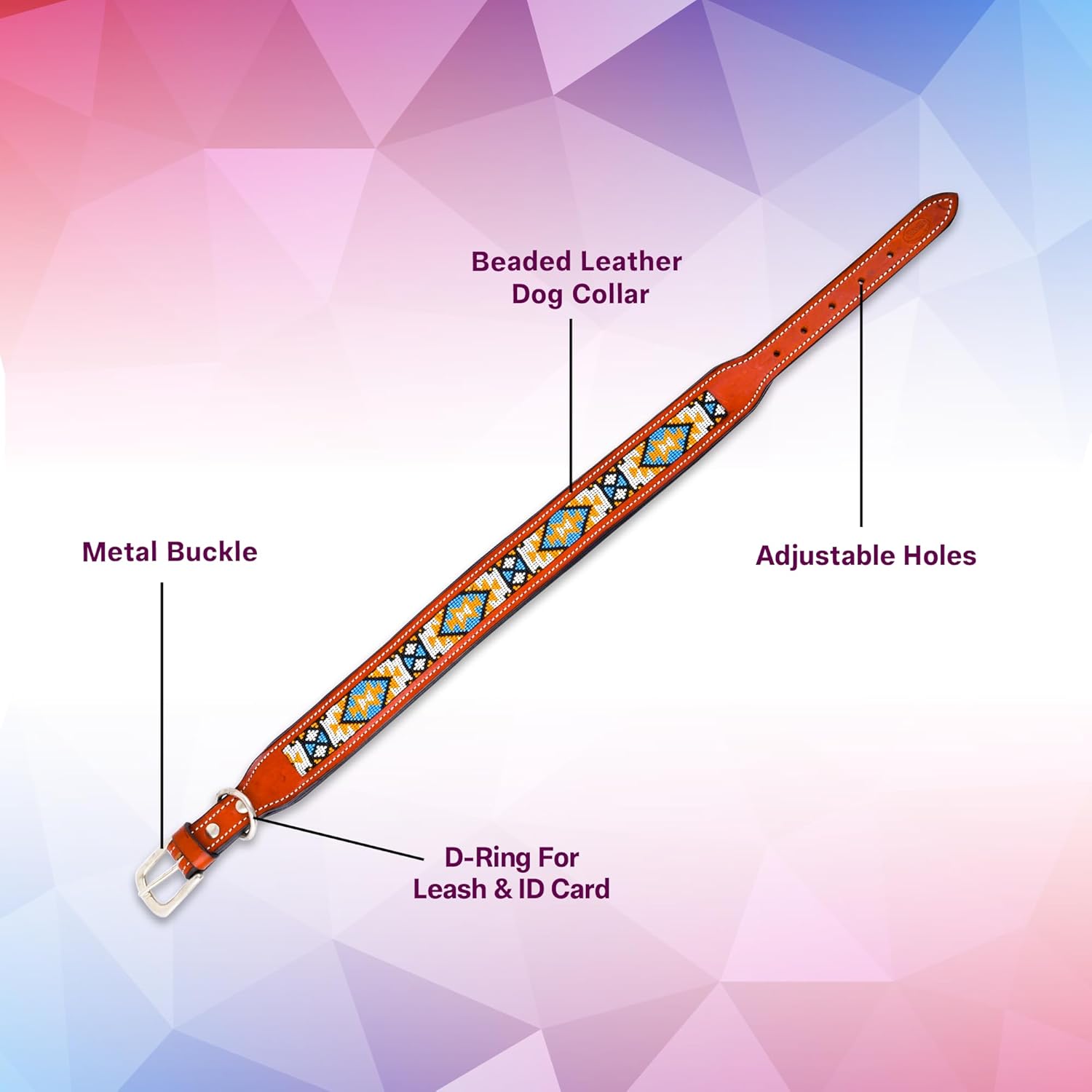Adil’S Beaded Leather Dog Collar 1.5 Inch Width, for Small, Medium & Large Dogs, Hand Tooled Adjustable Beaded Dog Collars with Strong Metal Buckle & D-Ring