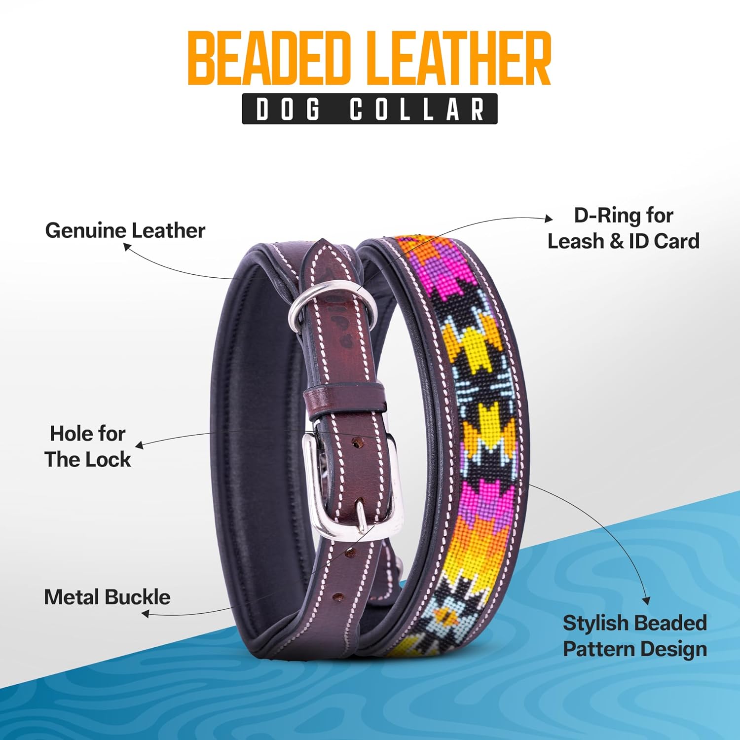 Adil’S Beaded Leather Dog Collar 1.5 Inch Width, Hand Tooled Adjustable Beaded Dog Collars with Strong Metal Buckle & D-Ring Suitable Dogs