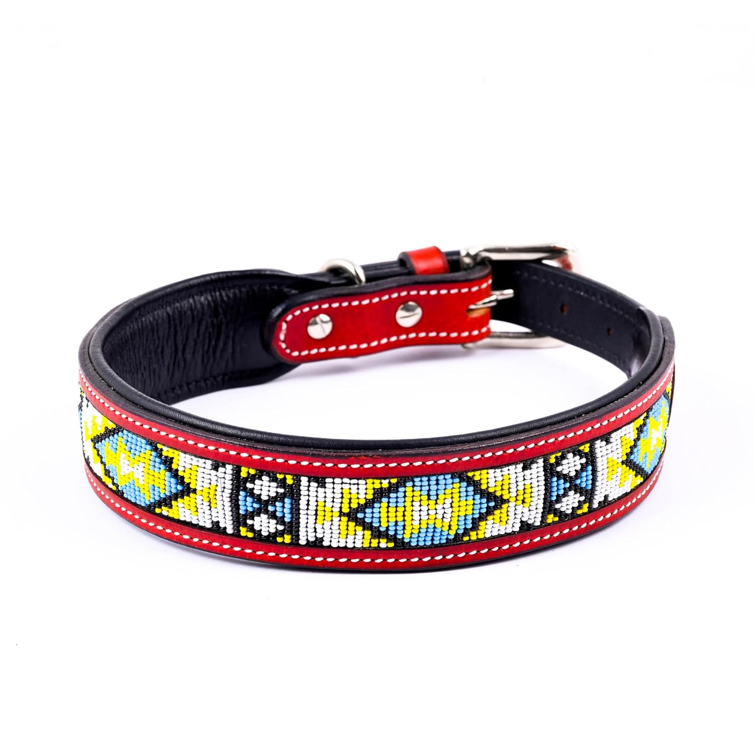 Adil’S Beaded Leather Dog Collar 1.5 Inch Width, for Small, Medium & Large Dogs, Hand Tooled Adjustable Beaded Dog Collars with Strong Metal Buckle & D-Ring