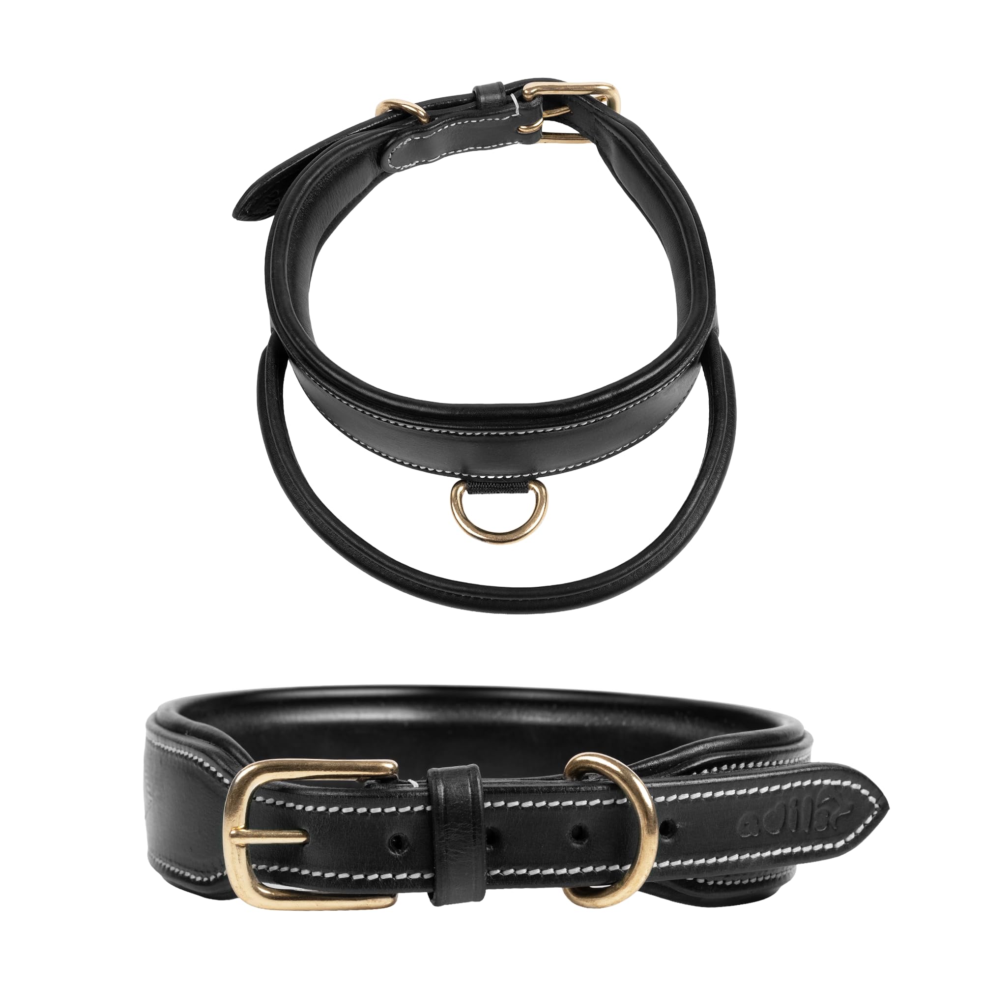 Adil's Softy Leather Dog Collar with Control Handle 1.5 inch Wide Built-in Quick Grab Leather Pull Strap, Heavy Duty Dual D-Ring Neckbelt for Medium & Large Dogs (Black, S)