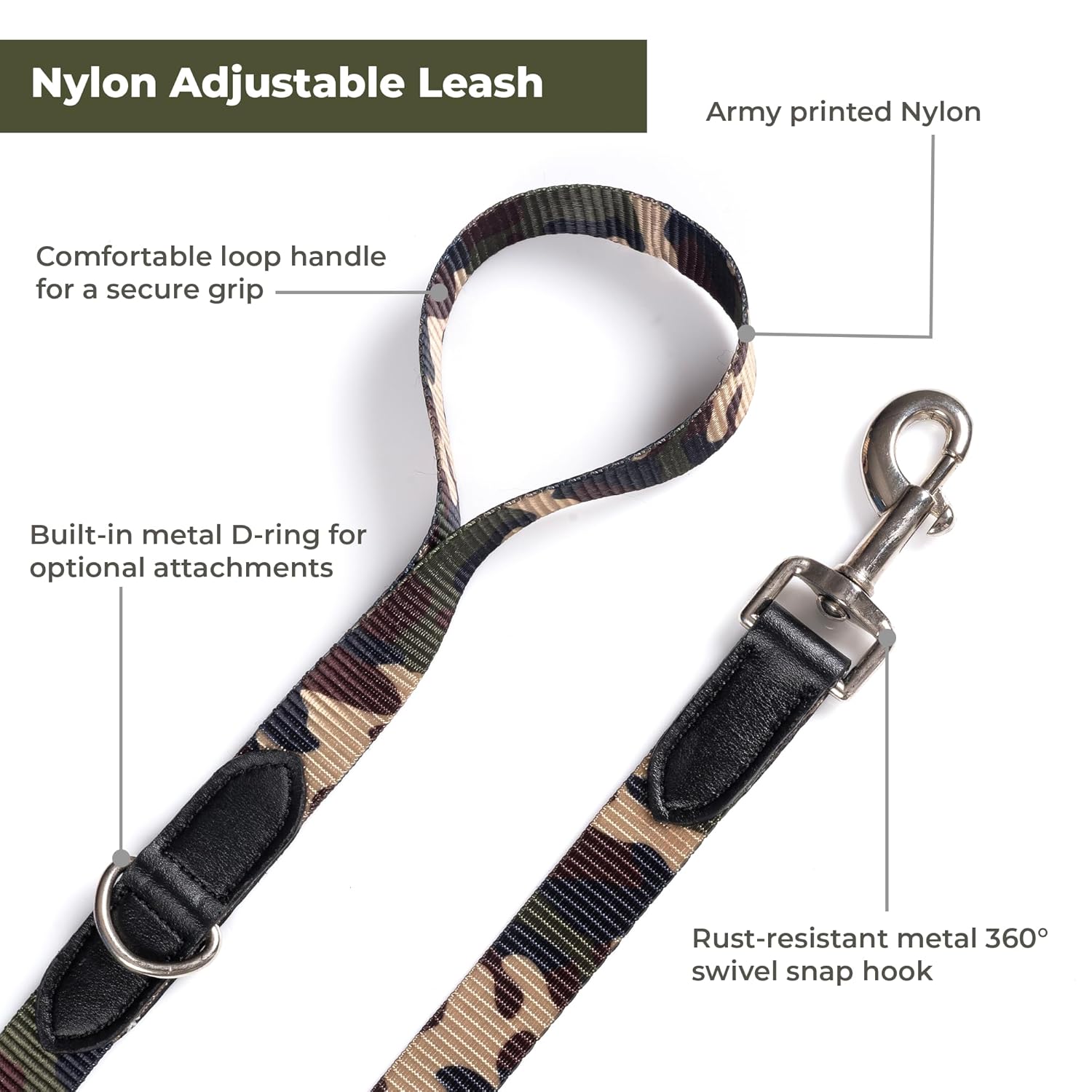 Adil’s Nylon Adjustable Dog Collar & Leash Combo Set in Army Print Durable Neckbelt with Metal Buckle D-Ring 360 Swivel Hook with Comfortable Loop Handle for Small Medium Large Pet (Army Print, S)