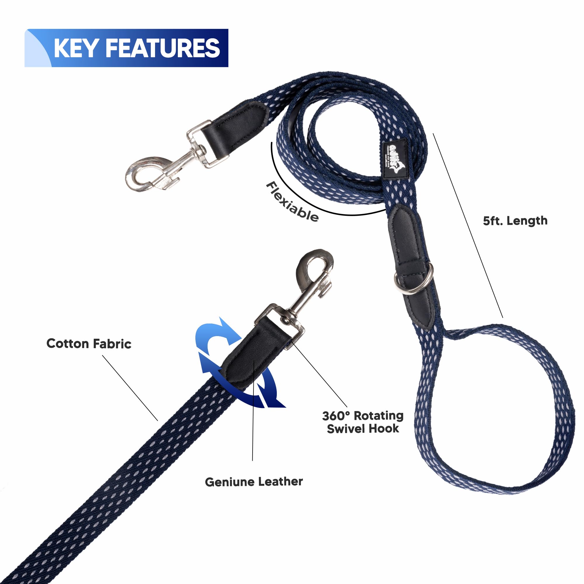 Adil’s 5ft Cotton Dotted Dog Leash with Leather Grip & 360° Swivel Hook – Durable, Comfy & Tangle-Free for All Dog Sizes