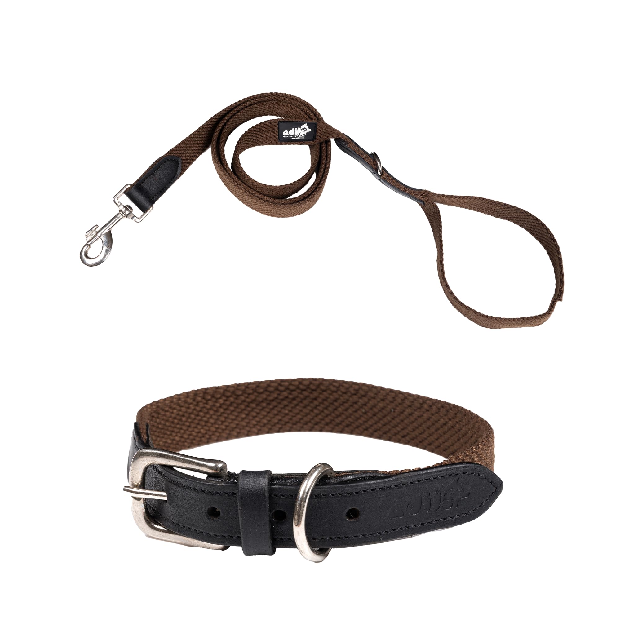 Adil’s Plain Cotton Adjustable Leather Neck Belt Dog Collar & 5FT Leash Combo Set | Durable Cotton-Leather with Metal Buckle for Small, Medium & Large Dogs (Black, M(16''-20''))