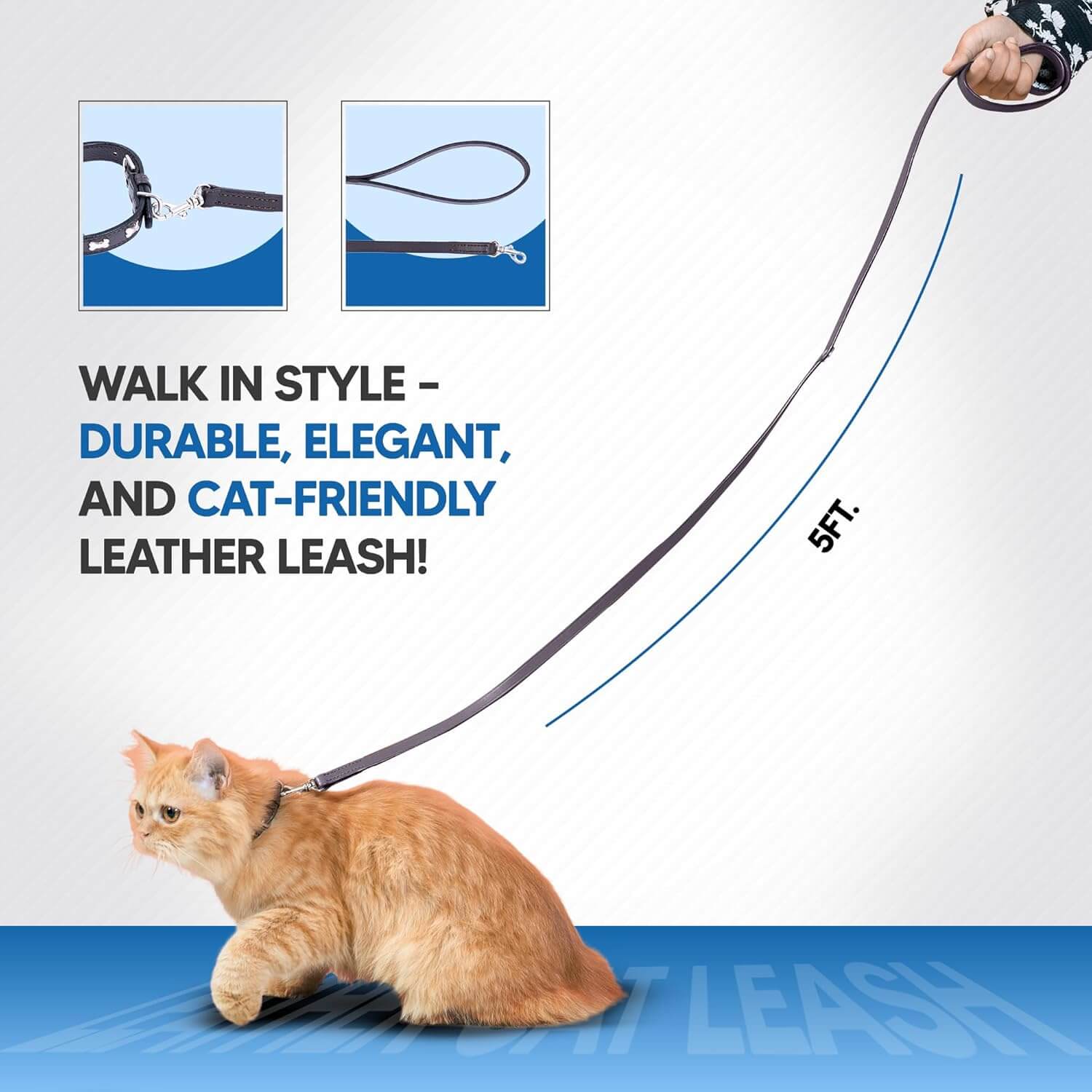 Adil’S Leather Cat Leash – Durable, Stylish & Comfortable Genuine Leather 4ft Long Leash with Secure Trigger Snap Hook for Safe Walks and Outdoor Adventures