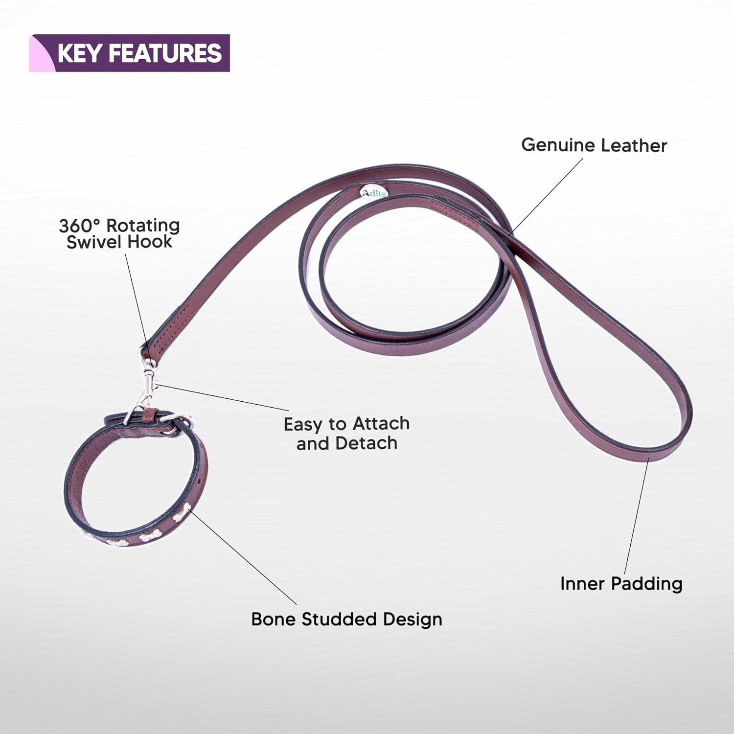 Adil’S Leather Cat Collar & Leash Set - Stylish Six Bone Studded Design Collar, Genuine Leather, Adjustable Buckle & Secure 5ft Leash for Safe and Comfortable Outdoor Activity (Brown)