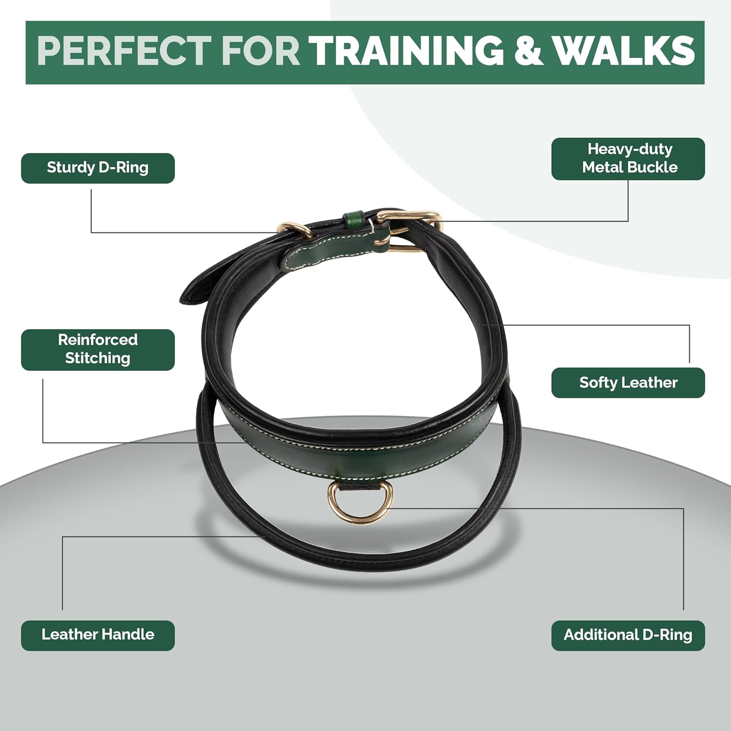Adil's Softy Leather Dog Collar with Control Handle 1.5 inch Wide Built-in Quick Grab Leather Pull Strap, Heavy Duty Dual D-Ring Neckbelt for Medium & Large Dogs