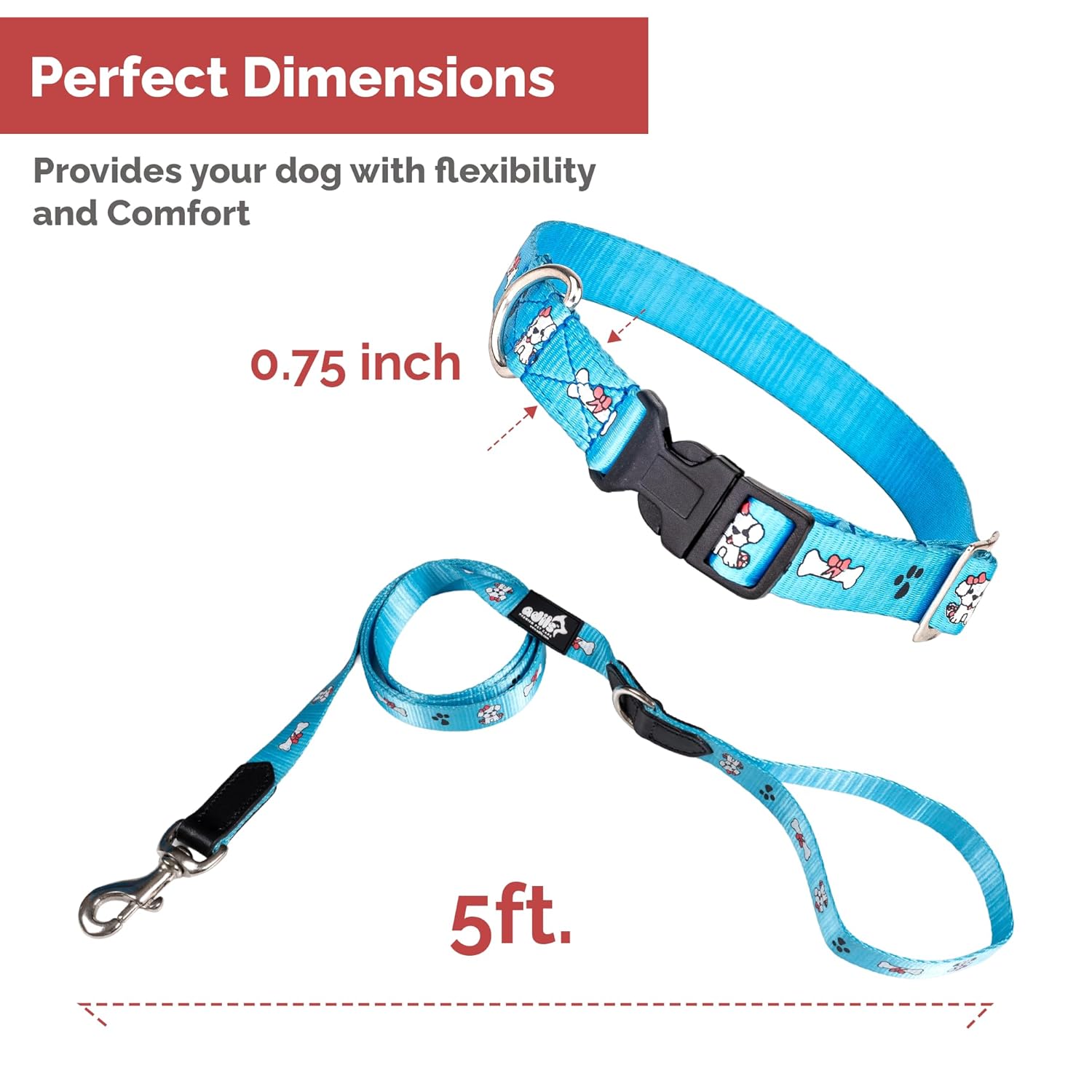 Adil's Nylon Paw Print Dog Collar & Leash Combo Set Quick Release Buckle 360° Swivel Hook Leather Accents 0.75 Inch Collar 5Ft Lead Walking Training for Small Medium Pets