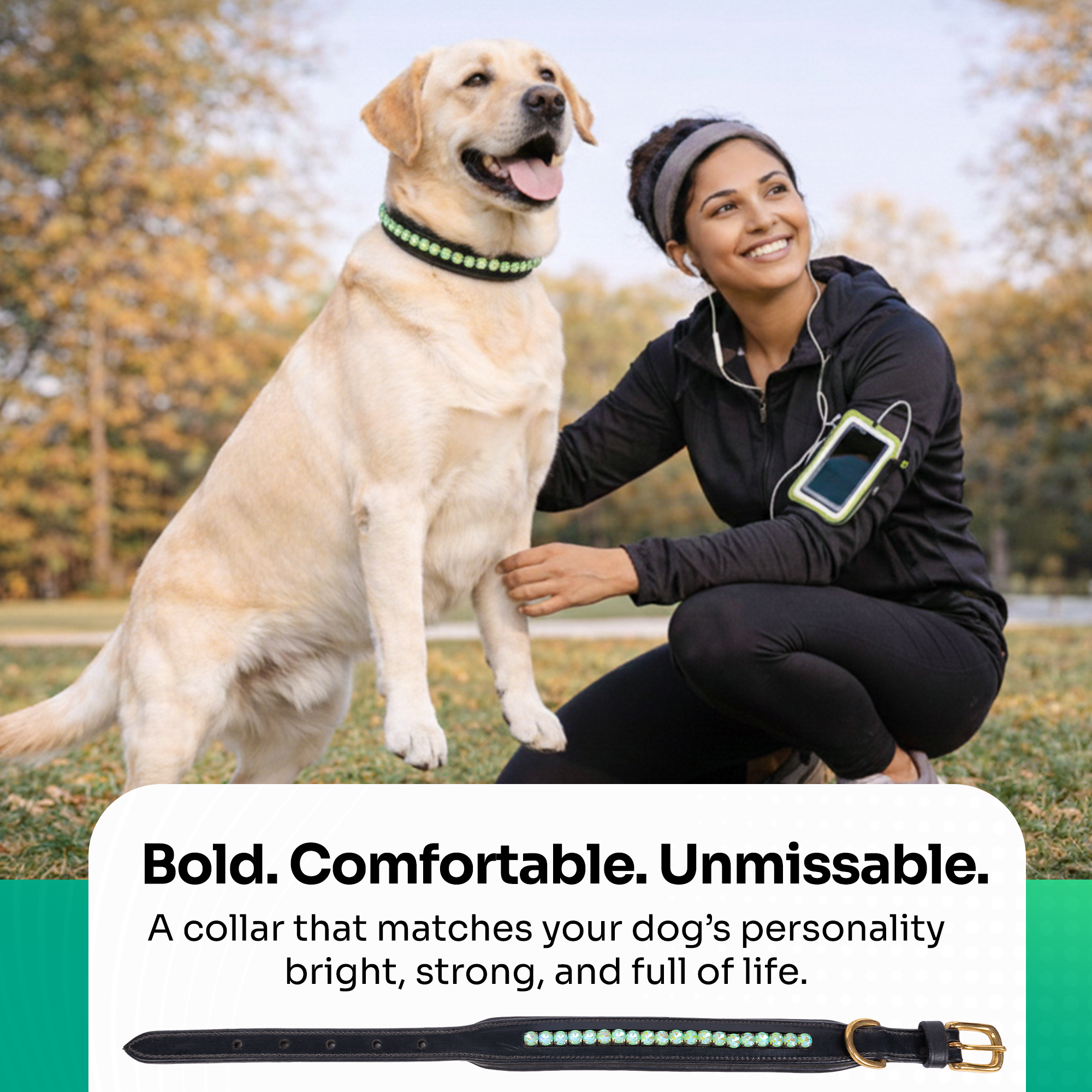 Adil’s Crystal Dog Collar, 1 inch Wide Green Gemstone Chain Leather Dog Collars for Small Medium Large Dogs, Adjustable Collars with Strong Metal Buckle & D-Ring