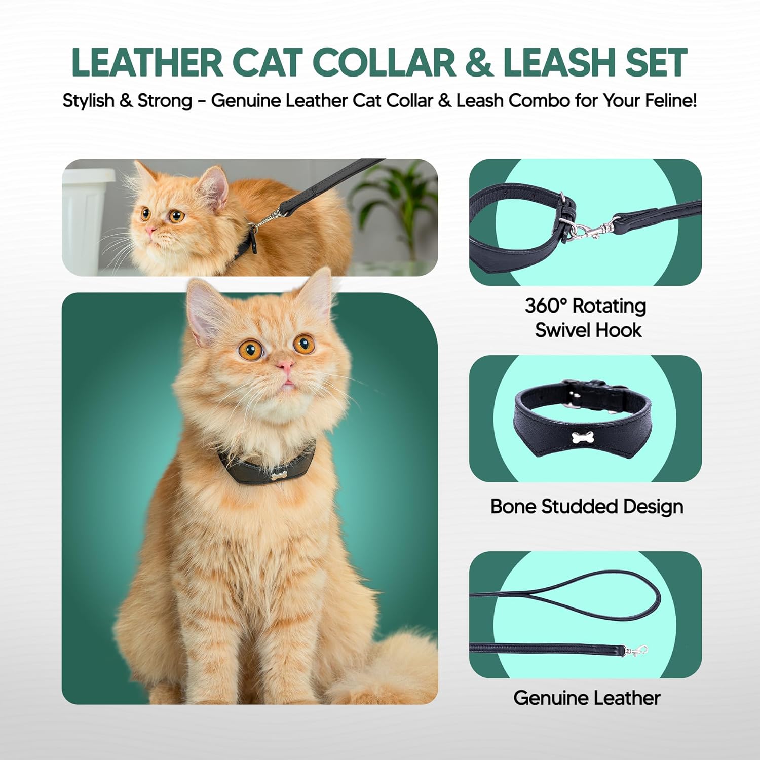 Adil’S Leather Cat Collar & Leash Set Combo - Stylish Single Bone Studded Design Collar, Genuine Leather, Adjustable Buckle & Secure 5ft Leash for Outdoor Activity (Brown)