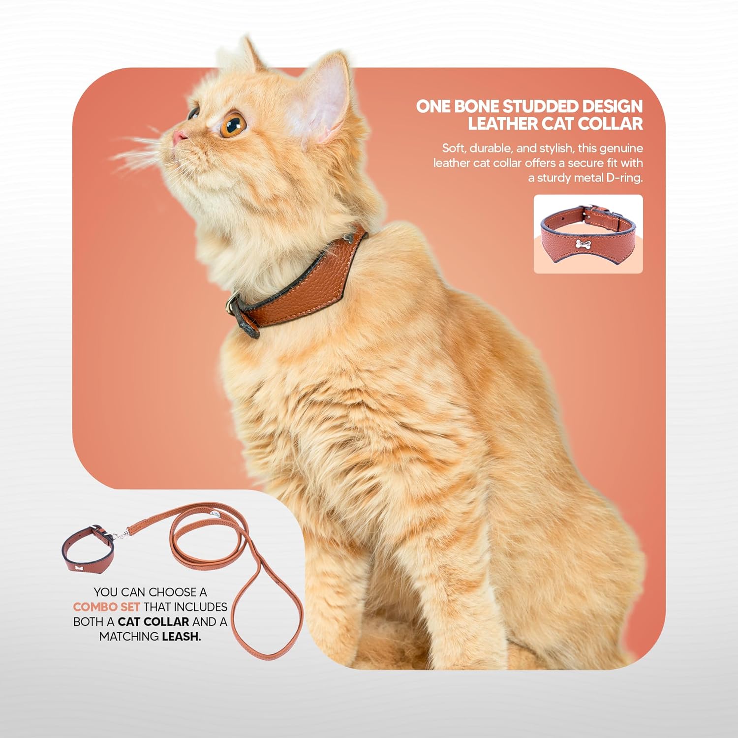 Adil’S Leather Cat Collar - Stylish Single Bone Studded Design, Breakaway Soft pet Collar, Adjustable Metal Buckle with Strong D-Ring for Leash attachments for Outdoor Adventures (Black)