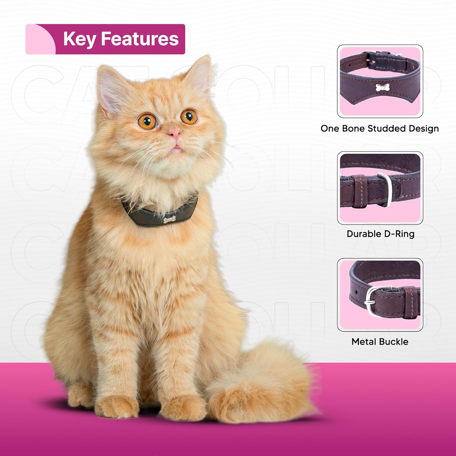 Adil’S Leather Cat Collar - Stylish Single Bone Studded Design, Breakaway Soft pet Collar, Adjustable Metal Buckle with Strong D-Ring for Leash attachments for Outdoor Adventures (Black)