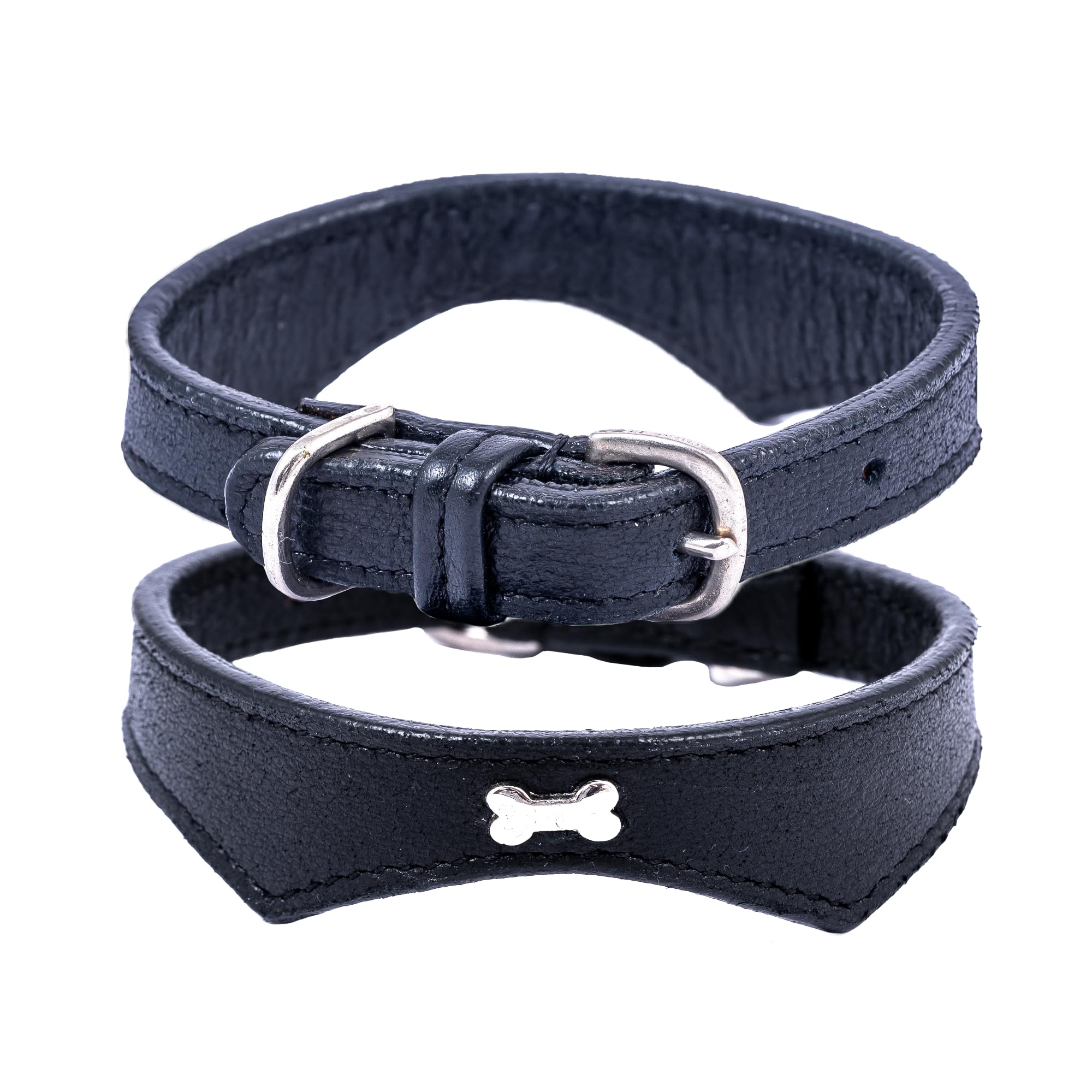 Adil’S Leather Cat Collar - Stylish Single Bone Studded Design, Breakaway Soft pet Collar, Adjustable Metal Buckle with Strong D-Ring for Leash attachments for Outdoor Adventures (Black)