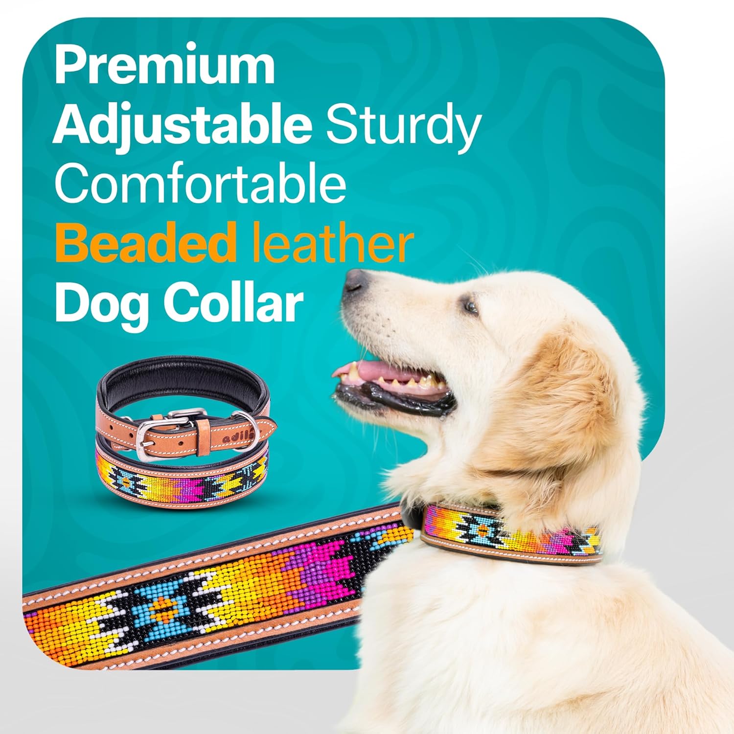 Adil’S Beaded Leather Dog Collar 1.5 Inch Width, Hand Tooled Adjustable Beaded Dog Collars with Strong Metal Buckle & D-Ring Suitable Dogs
