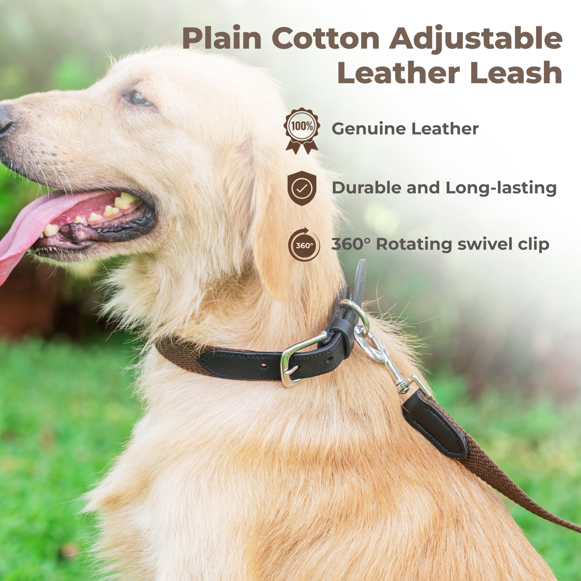 Adil’s 5FT Adjustable Cotton Dog Leash with Soft Leather Handle – Durable Long Lead with 360° Swivel Hook – Strong, Tangle-Free Leash for Walking & Training Small, Medium & Large Dogs