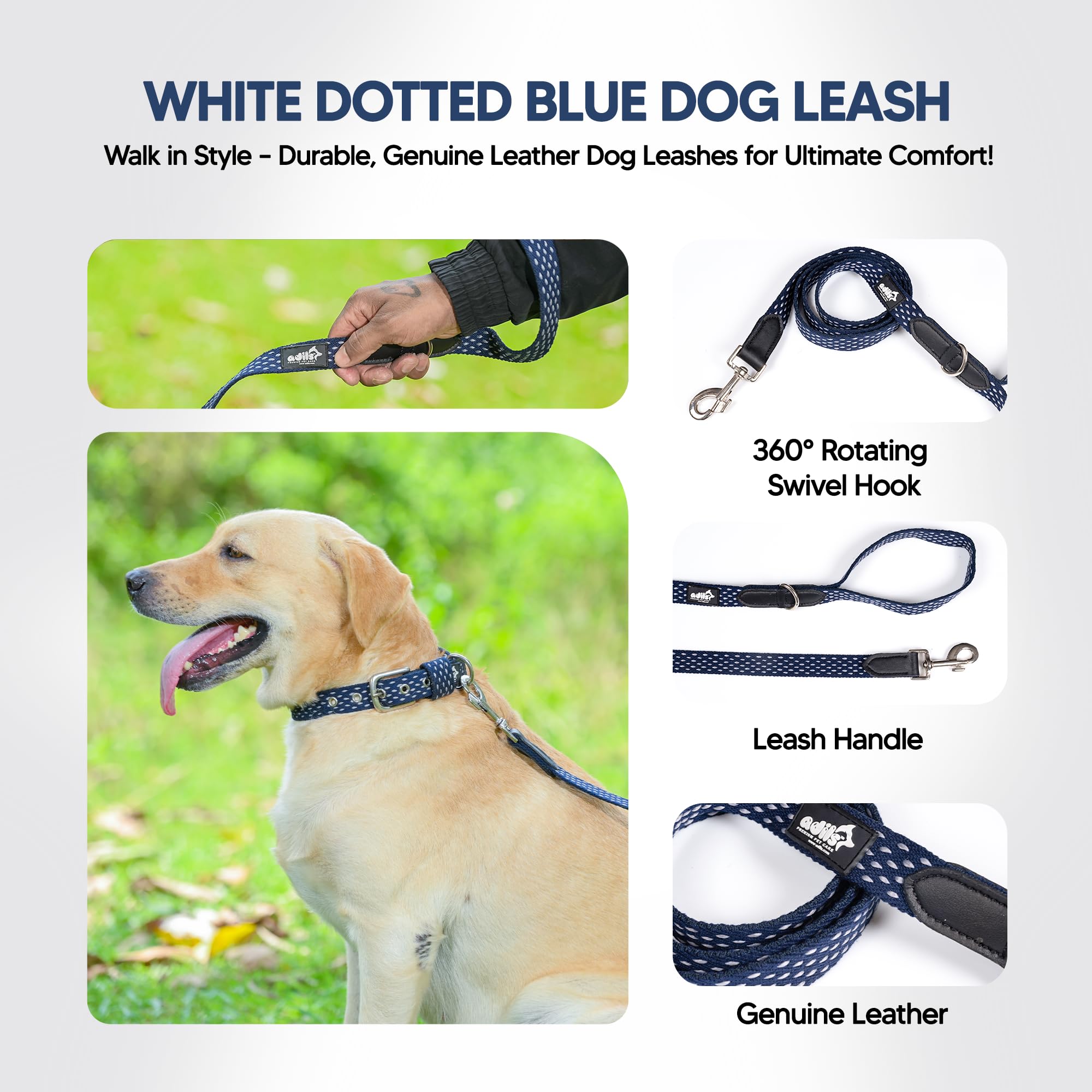 Adil’s 5ft Cotton Dotted Dog Leash with Leather Grip & 360° Swivel Hook – Durable, Comfy & Tangle-Free for All Dog Sizes