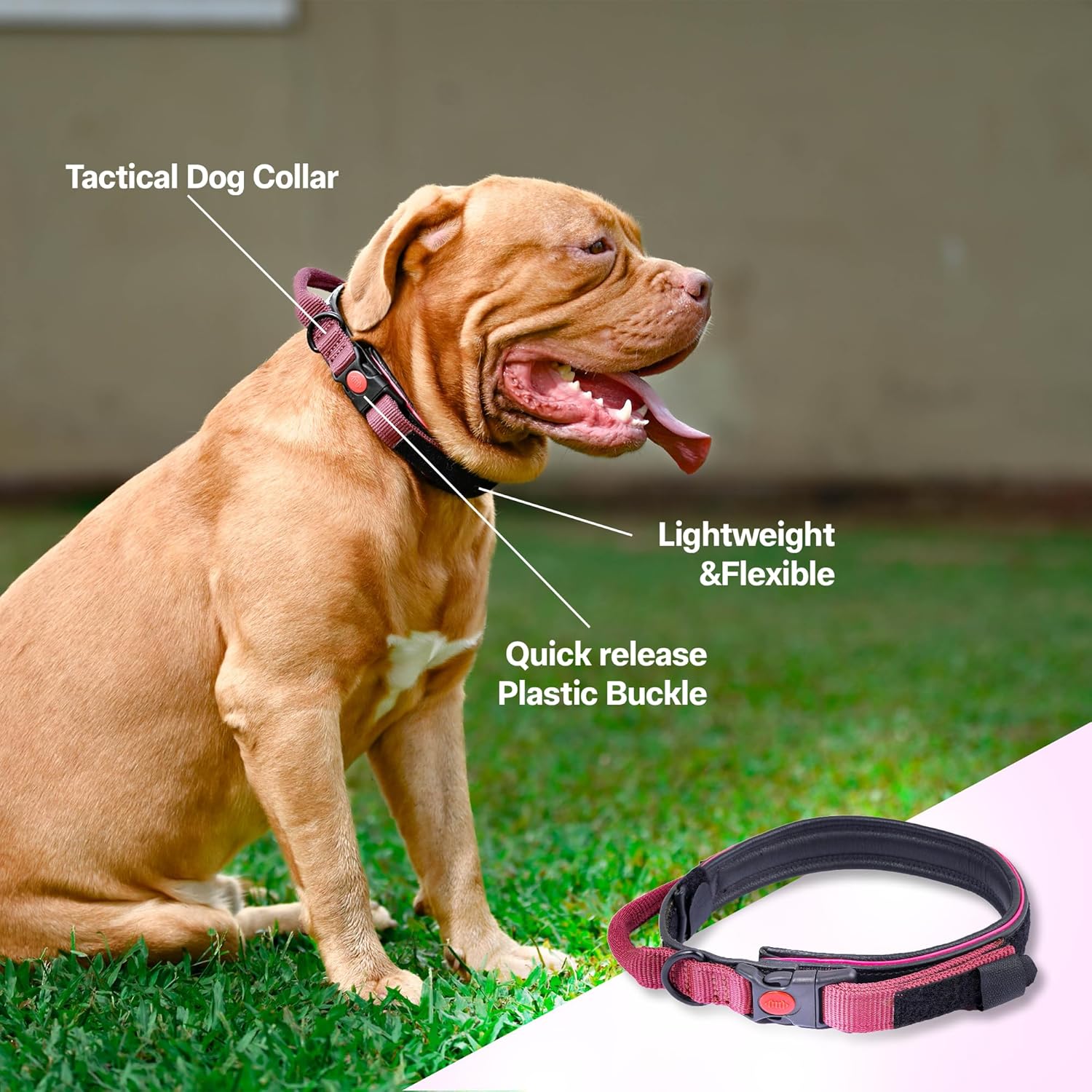 Adil’S Adjustable Nylon Tactical Dog Collar for Large &amp; Medium Dogs, with Strap Handle &amp; Heavy Duty Metal Buckle, Strong Metal D-Ring, Neck Size (12 to 26) inches, Pink