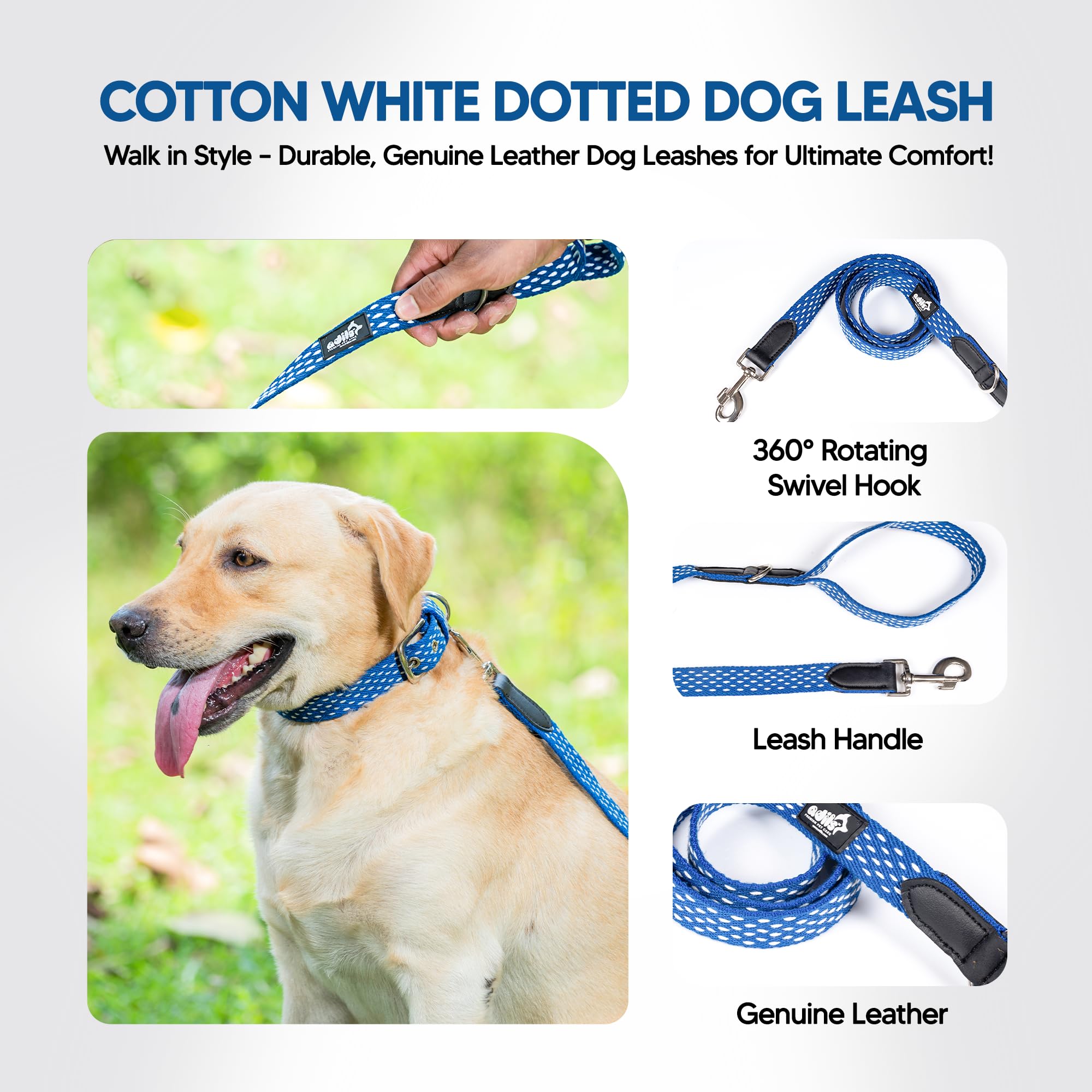 Adil’s 5ft Cotton Dotted Dog Leash with Leather Grip & 360° Swivel Hook – Durable, Comfy & Tangle-Free for All Dog Sizes