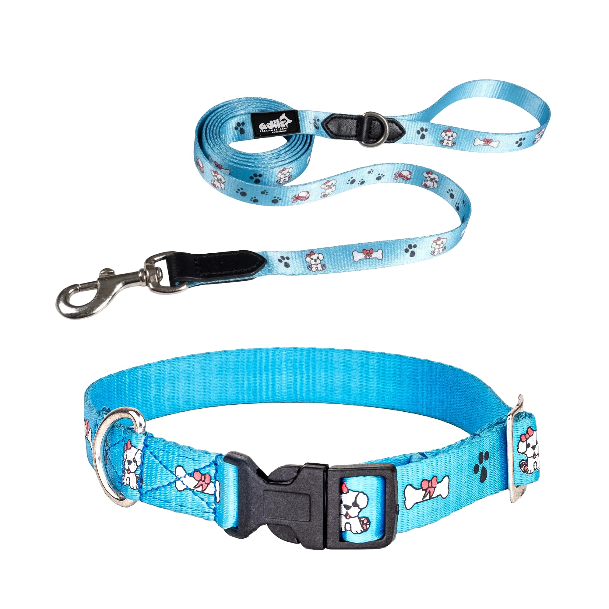 Adil's Nylon Paw Print Dog Collar & Leash Combo Set Quick Release Buckle 360° Swivel Hook Leather Accents 0.75 Inch Collar 5Ft Lead Walking Training for Small Medium Pets (Green, XS)