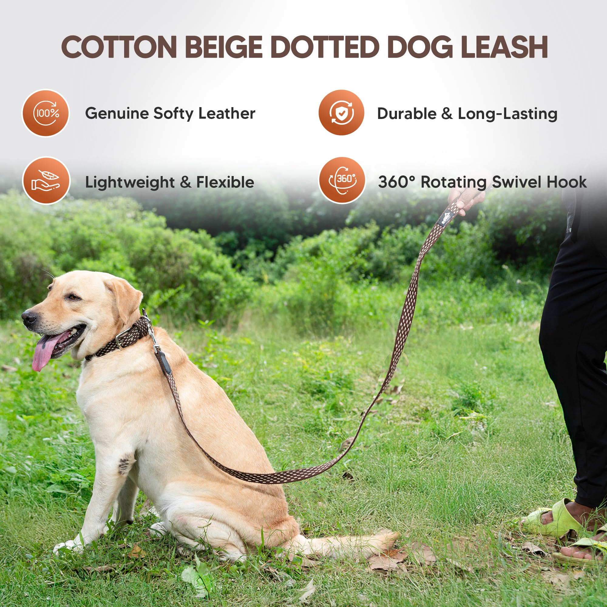 Adil’s 5ft Cotton Dotted Dog Leash with Leather Grip & 360° Swivel Hook – Durable, Comfy & Tangle-Free for All Dog Sizes