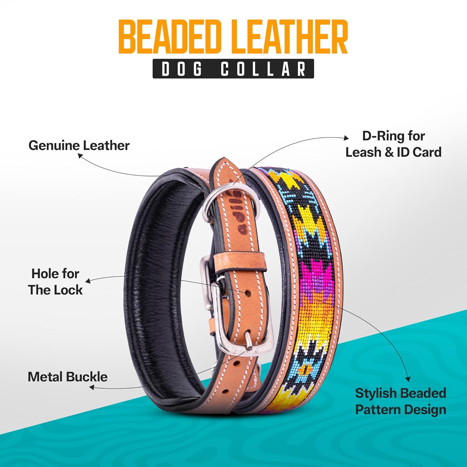 Adil’S Beaded Leather Dog Collar 1.5 Inch Width, Hand Tooled Adjustable Beaded Dog Collars with Strong Metal Buckle & D-Ring Suitable Dogs