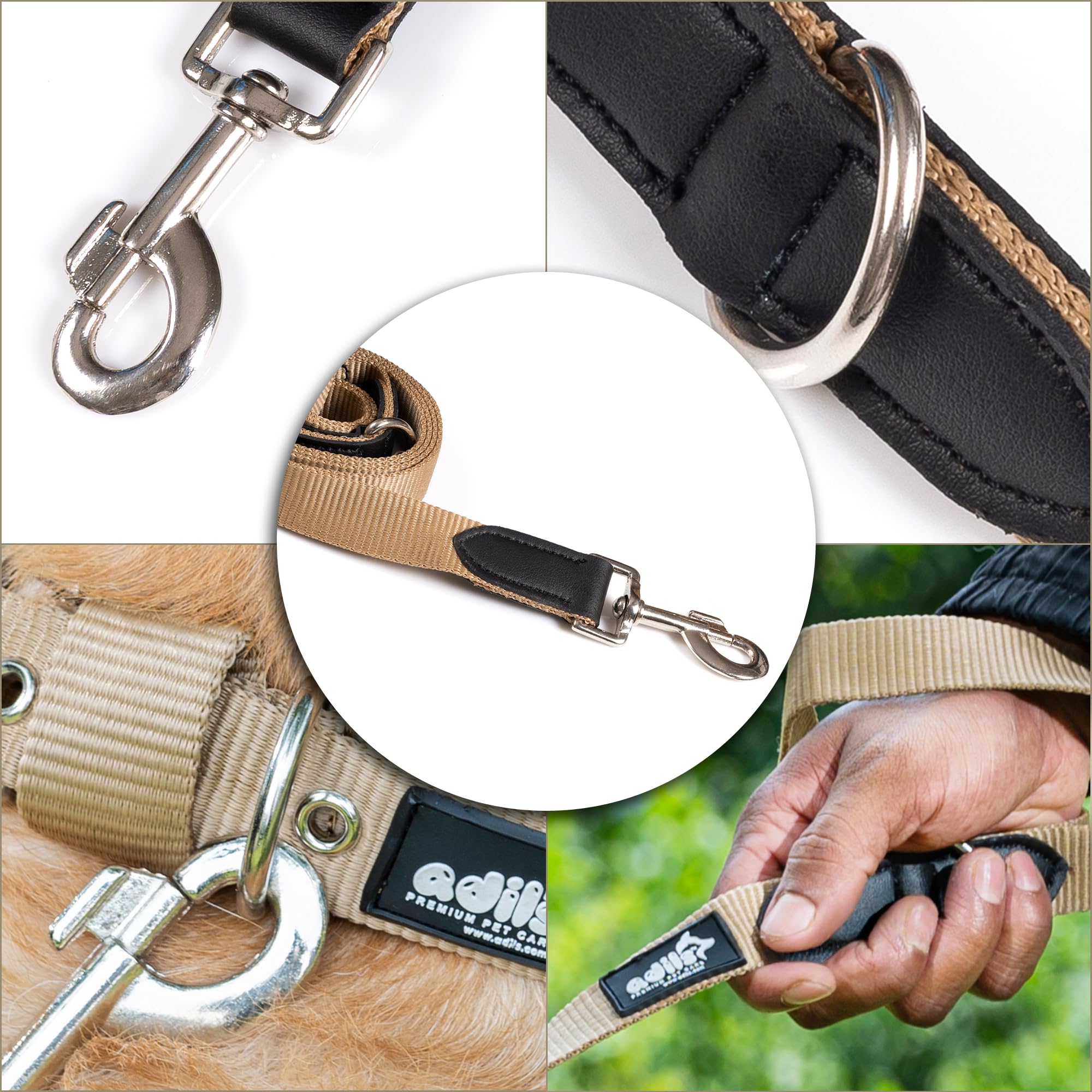 Adil’s 5FT Adjustable Nylon Dog Leash with Soft Leather Handle – Durable Long Lead with 360° Swivel Hook – Strong, Tangle-Free Leash for Walking & Training Small, Medium & Large Dogs