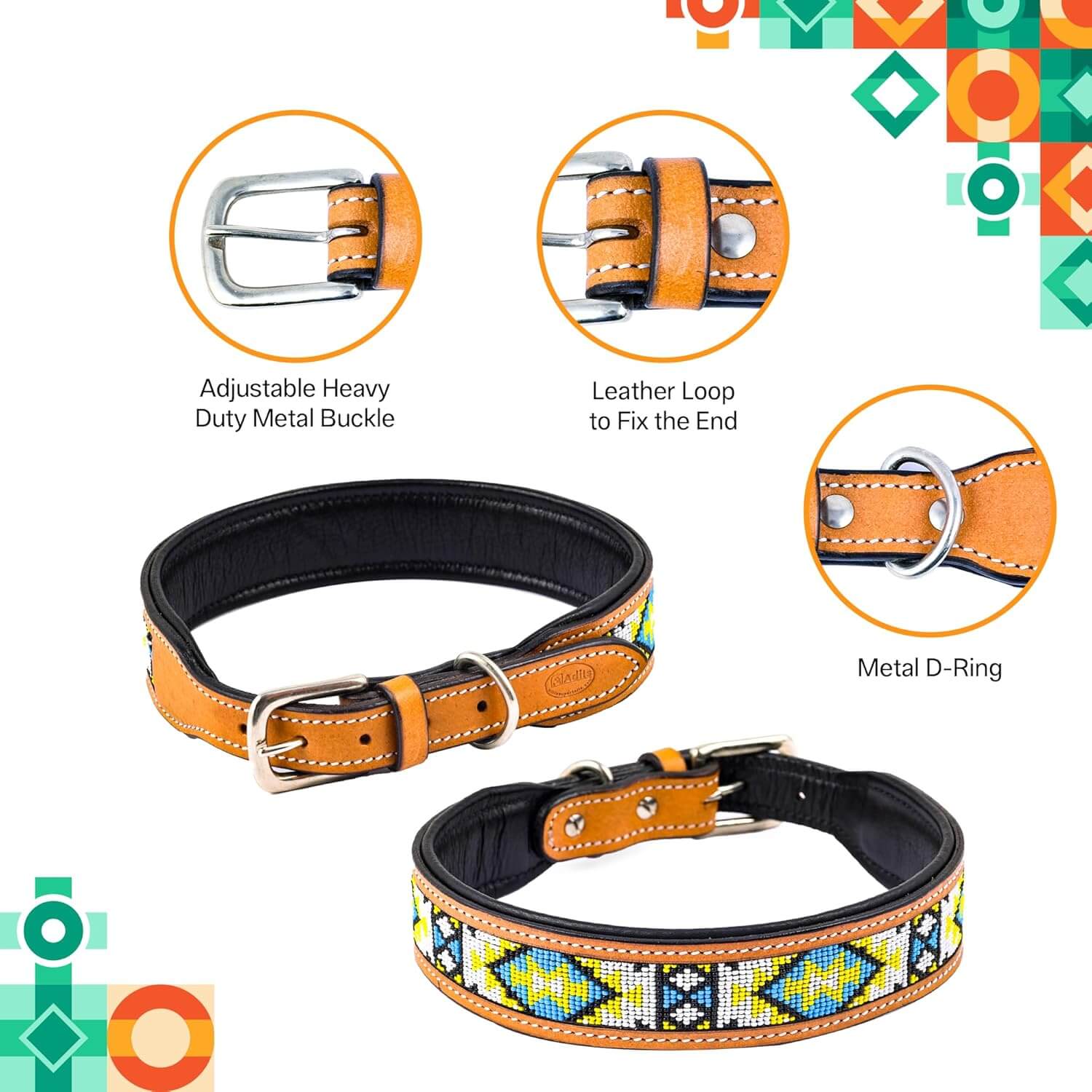 Adil’s Beaded Leather Dog Collar, Hand Tooled Adjustable with Strong Metal Buckle