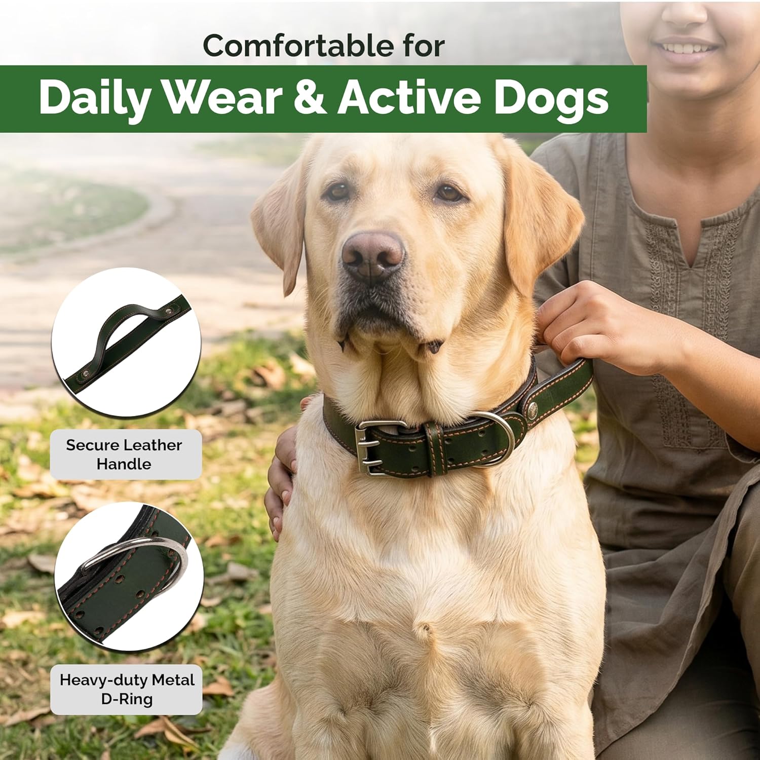 Adil's Leather Dog Collar with Control Handle 1.5 inch Wide Double Pin Buckle Built-in Quick Grab Pull Strap D-Ring for ID Card Training Walking Skin Friendly Neckbelt Medium Large Dogs