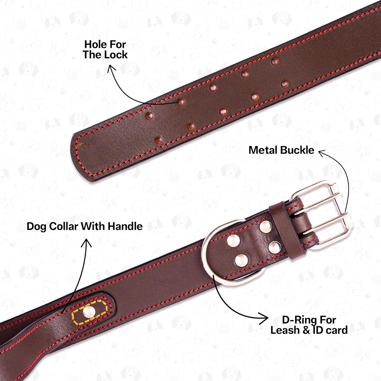 Adil’S Dog Genuine Leather Dog Collar with Strap Handle for Medium & Large Dogs, Adjustable Heavy Duty Handle Dog Collar with Double pin Buckle, Neck Size (12 to 26) inches, Brown