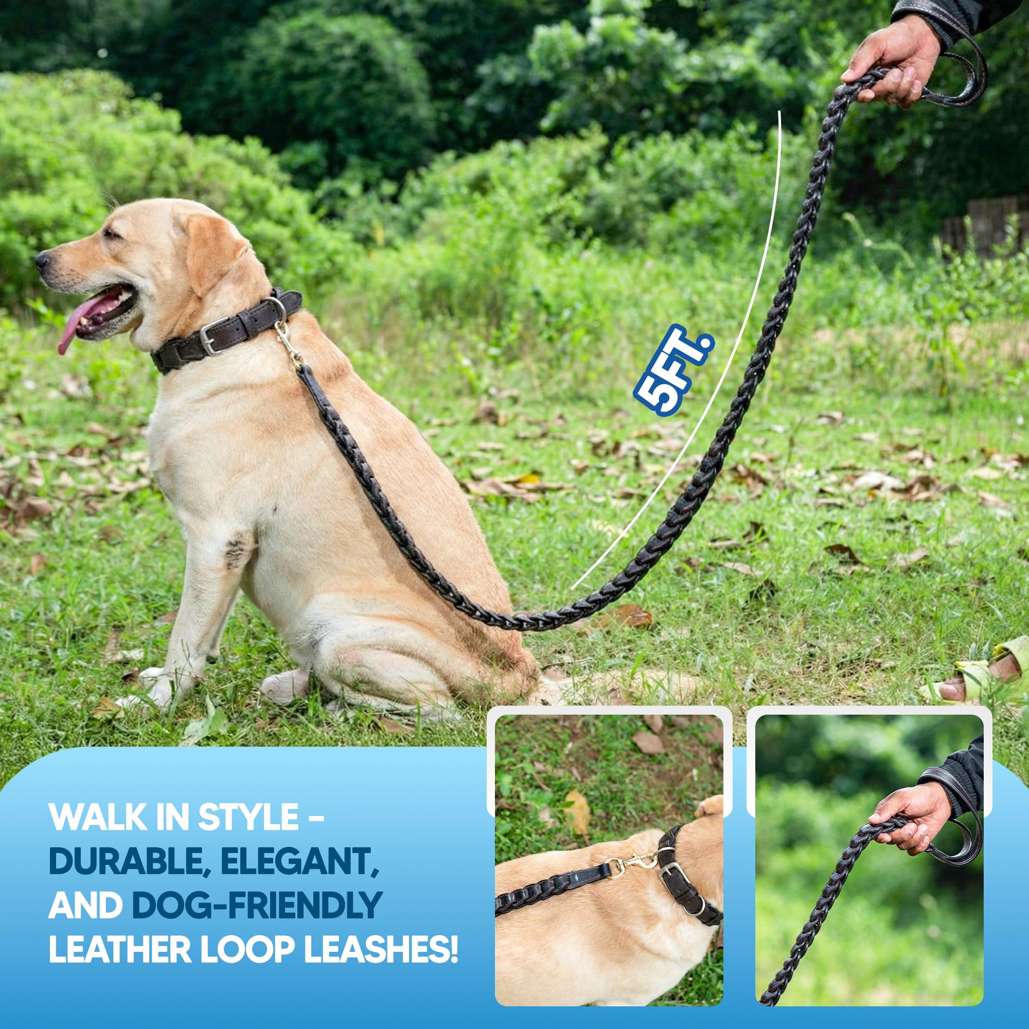 Adil’s Genuine Leather Loop Dog Leash – Heavy-Duty 5ft Leather Leash with Soft Inner Padding Strong Stitch Finish & 360° Rotating Swivel Hook for Safe Comfortable Control for Small Medium & Large Dogs