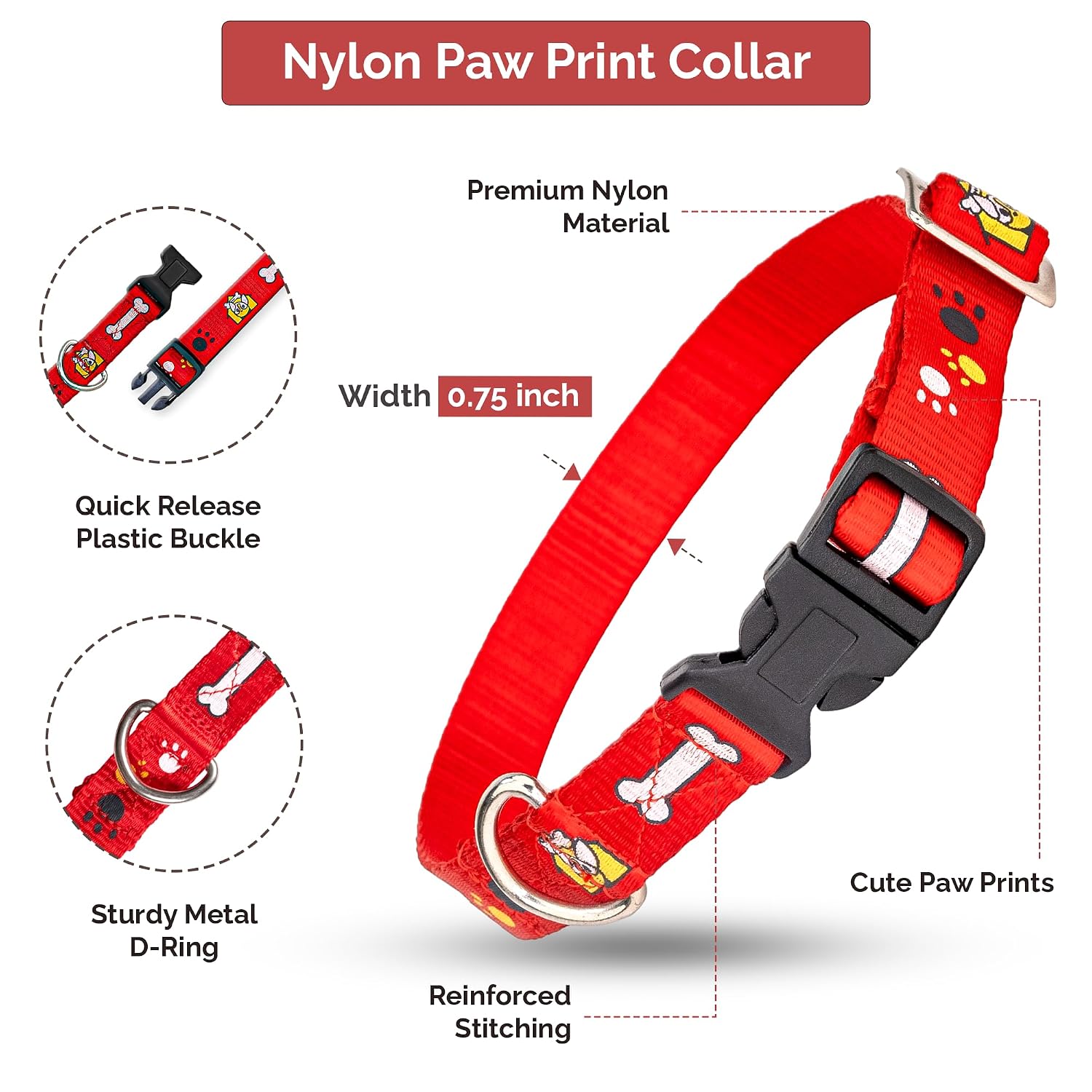 Adil's Nylon Paw Print Dog Collar & Leash Combo Set Quick Release Buckle 360° Swivel Hook Leather Accents 0.75 Inch Collar 5Ft Lead Walking Training for Small Medium Pets
