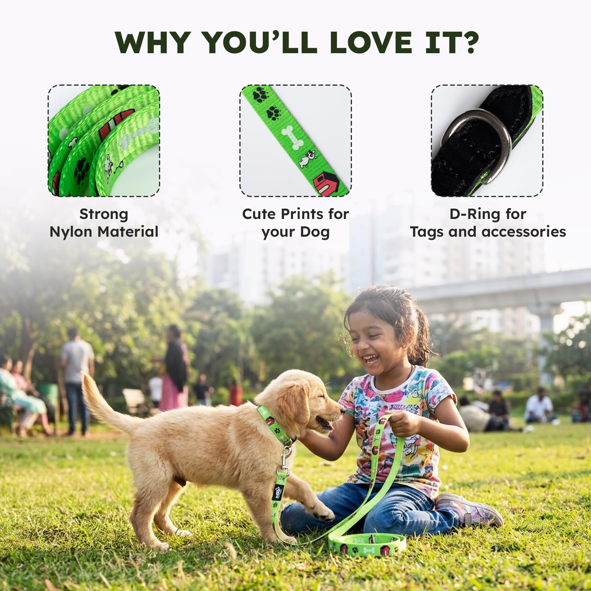 Adil’s Nylon Paw Print Dog Leash – 19mm Wide 5ft Long Durable Lead with 360° Swivel Hook Loop Handle Metal D-Ring Walking Training for Small Medium Pets