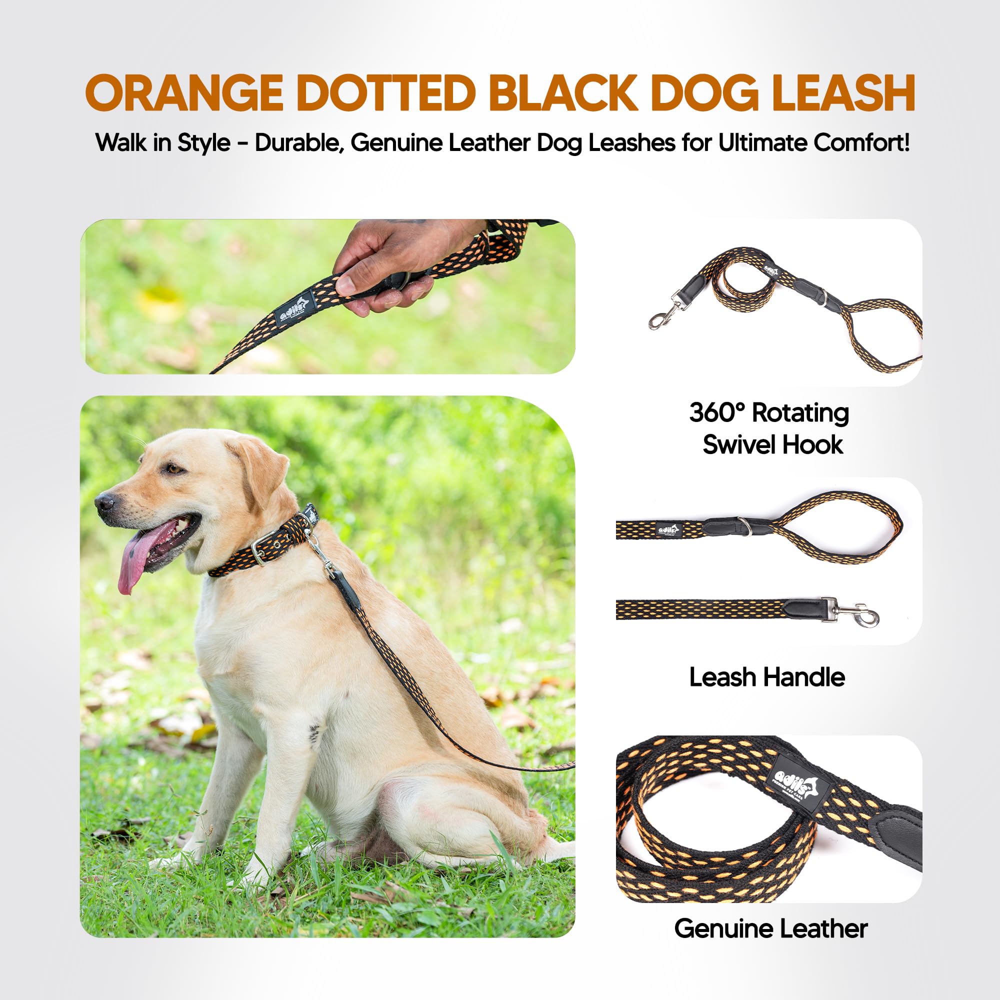 Adil’s 5ft Cotton Dotted Dog Leash with Leather Grip & 360° Swivel Hook – Durable, Comfy & Tangle-Free for All Dog Sizes