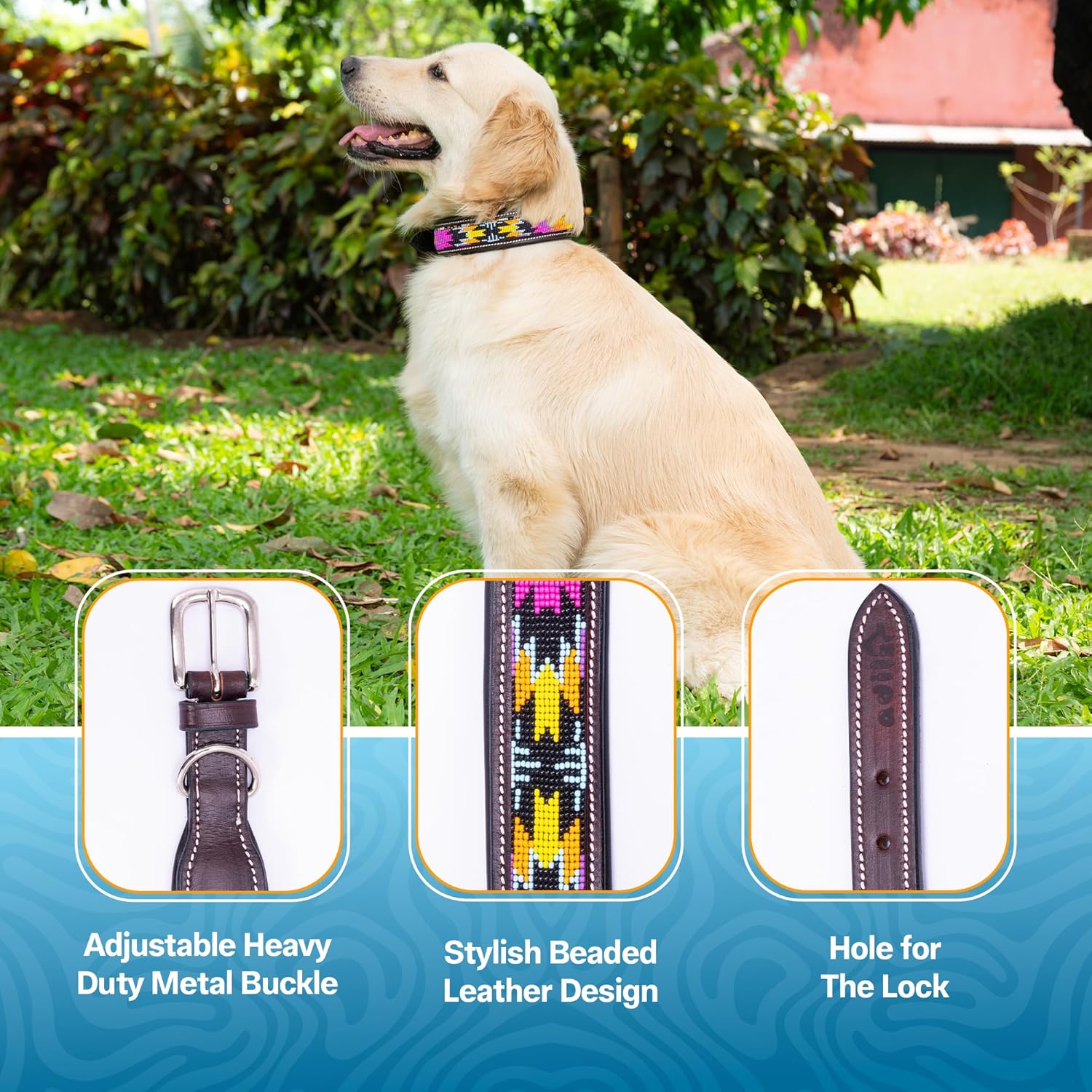 Adil’S Beaded Leather Dog Collar 1.5 Inch Width, Hand Tooled Adjustable Beaded Dog Collars with Strong Metal Buckle & D-Ring Suitable Dogs